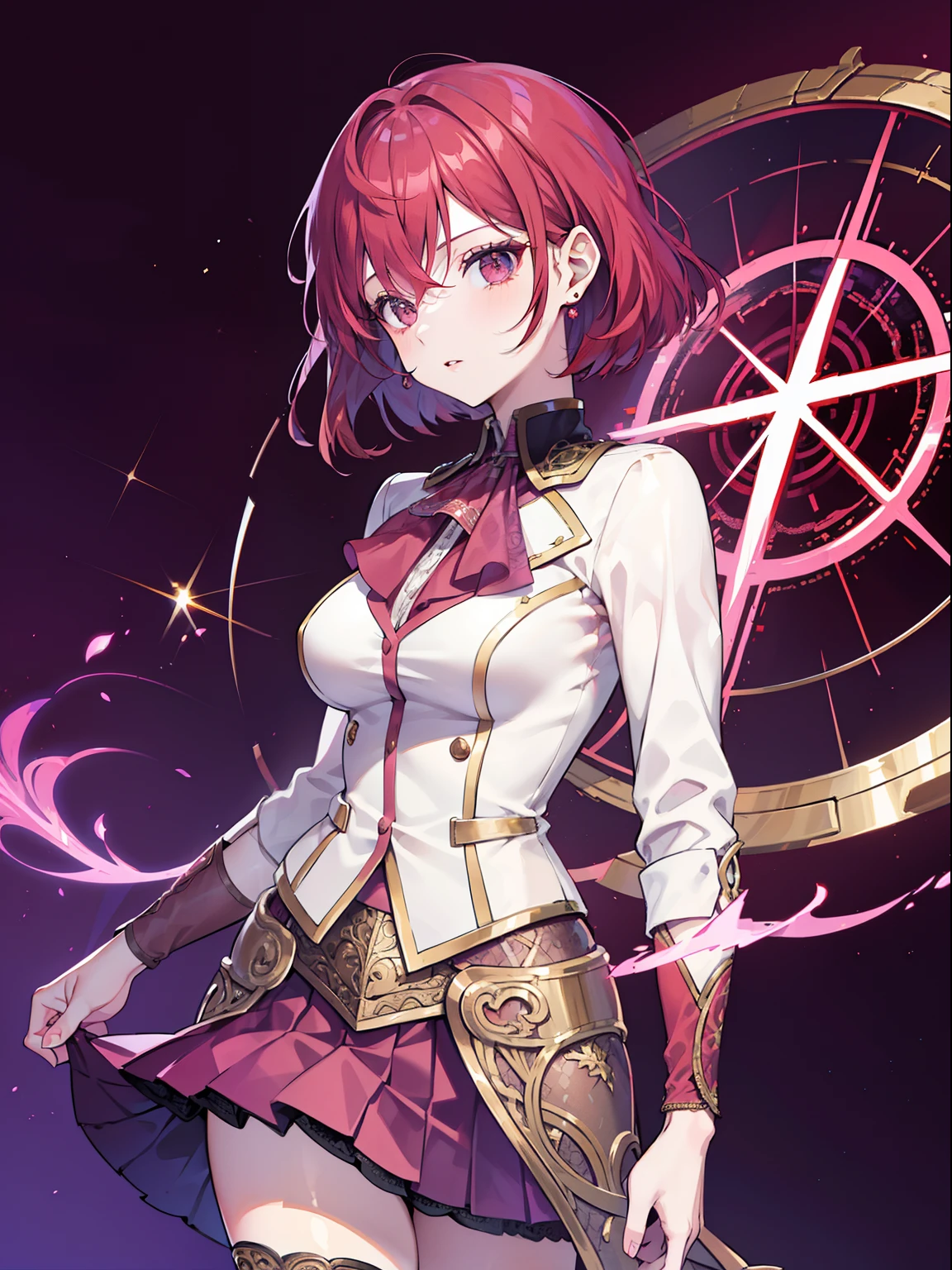 A beautiful woman, 32 years old, Short red hair, shimmering brown eyes, with , with a purple and pink blaser, Skirt, and white background, Intricate details,