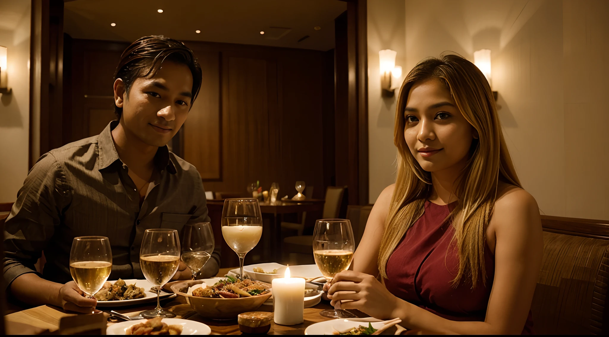 nepali blonde girl in a dinner date with her husband luxurious hotel bookeh effect