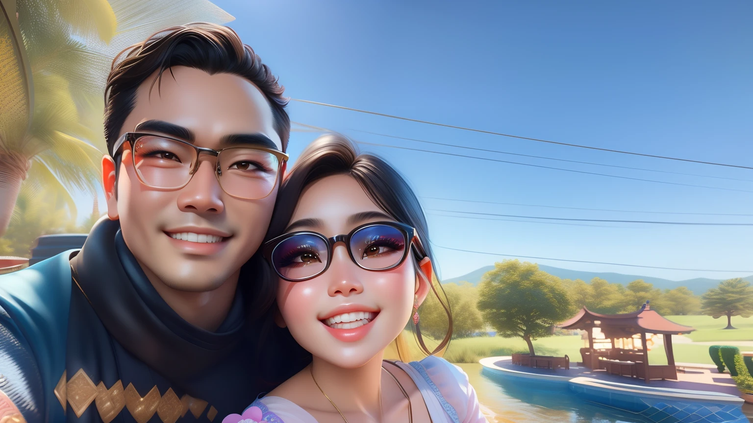 masterpiece, best quality, 3d rendering work, 3DMM style, close-up, portrait, 3D, two young Asian couple, beautiful skin, brown eyes, black hair, sunglasses, sweet smile, 80 kg overweight, gradient background. Colors Candy color, cute