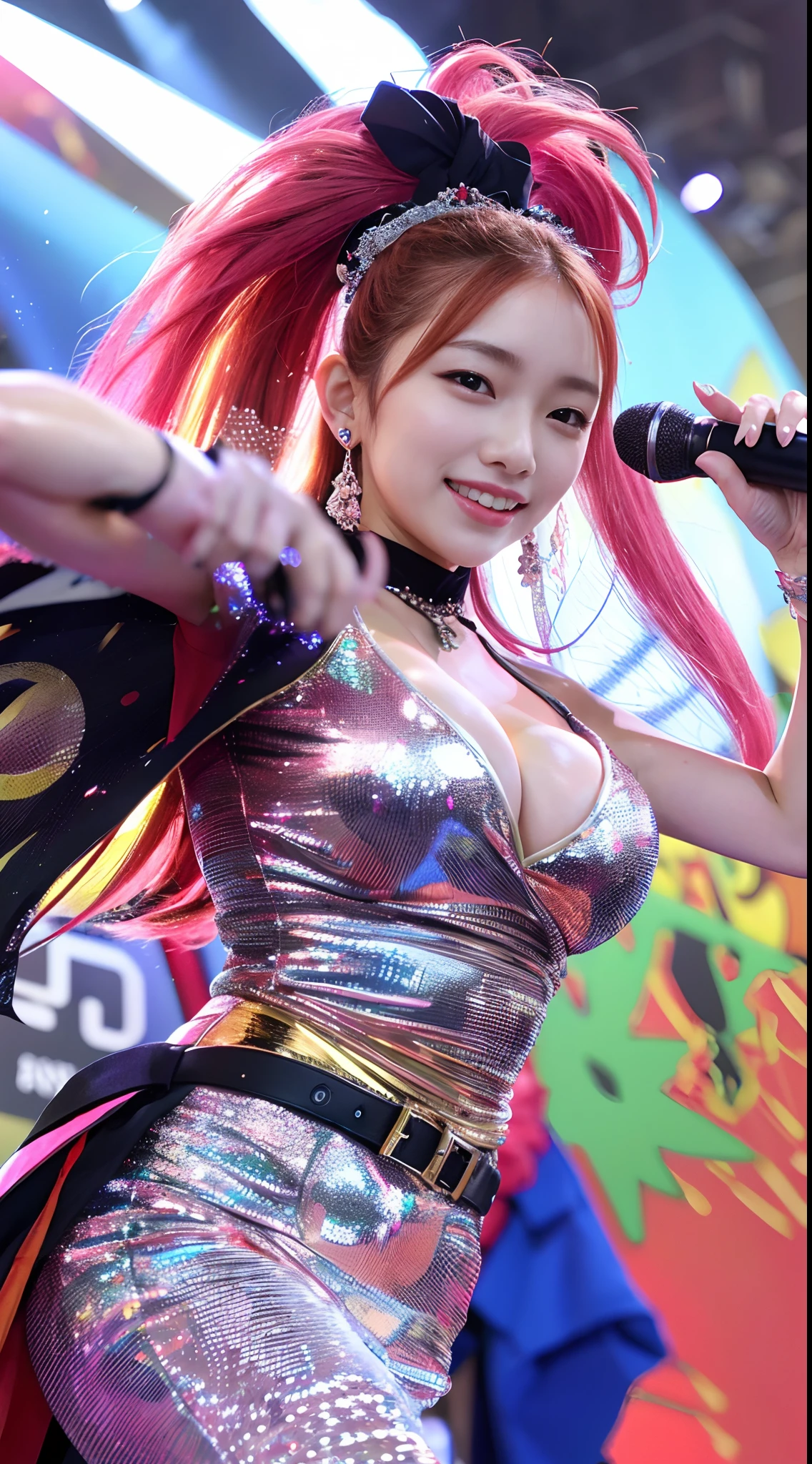 8k, highest quality, high resolution, realistic, real person, live stage with a large audience, one girl, young and cute korean idol, ((KARA)), big, long and beautiful legs, dancing violently in various poses while smiling on stage, holding microphone in hand, revealing gorgeous costume, beautiful light up