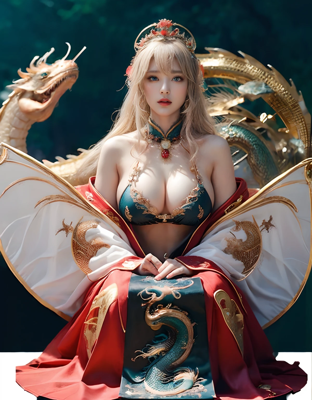 (heavy breasts)、top-quality、​masterpiece、超A high resolution、（Blue Dragon Armor）、(((Colossal tits))),dragon armor、(((Detailed Micro Bikini))),(Wearing a beautiful crown made of jewels),(Photorealsitic:1.4)、Raw photo、女の子1人、(((Random hair))、(((Take different poses)))、glowy skin、(((Chinese Dragon)))、Intricate and ornate hair ornaments、（Gorgeous Jewelry Necklaces）、（Mystical expression）、（Full Body Angle）、（Fight big dragons）、With a beautiful knife、（metal bikini）、((beautiful lake background)),(beautiful forest background)、Precipitous cliffs、(Castle background)、((super realistic details))、portlate、globalillumination、（sexypose）、Shadow、octan render、（One-Eyed Scouter）、8K、ultrasharp、Colossal tits、Raw skin is exposed in cleavage、metals、Details of complex ornaments、Japan details、highly intricate detail、Realistic light、CGSoation Trends、Blue eyes、radiant eyes、Facing the camera、Precipitous cliffs、Toostock、（Full Body Angle）、（veils）、(((Heavy Big))),