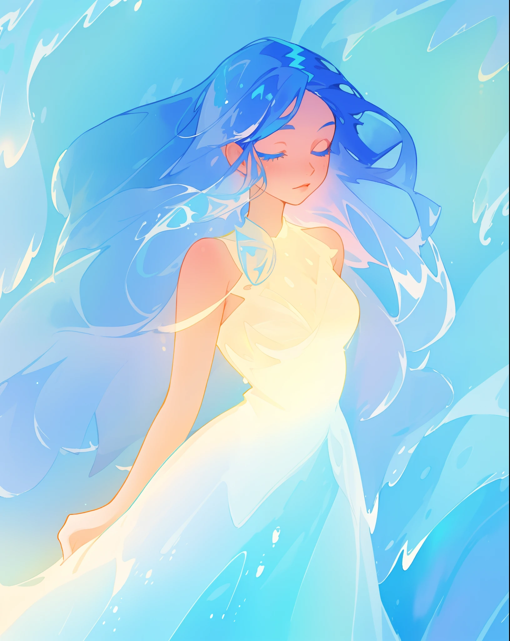beautiful girl, glowing white and blue gradient ballgown, sparkling swirling water background, long flowing hair, beautiful girl with glowing skin, glowing water background, watercolor illustration, disney art style, glowing aura around her, flowing glowing hair, glowing flowing hair, fantasia otherworldly landscape, beautiful, masterpiece, best quality