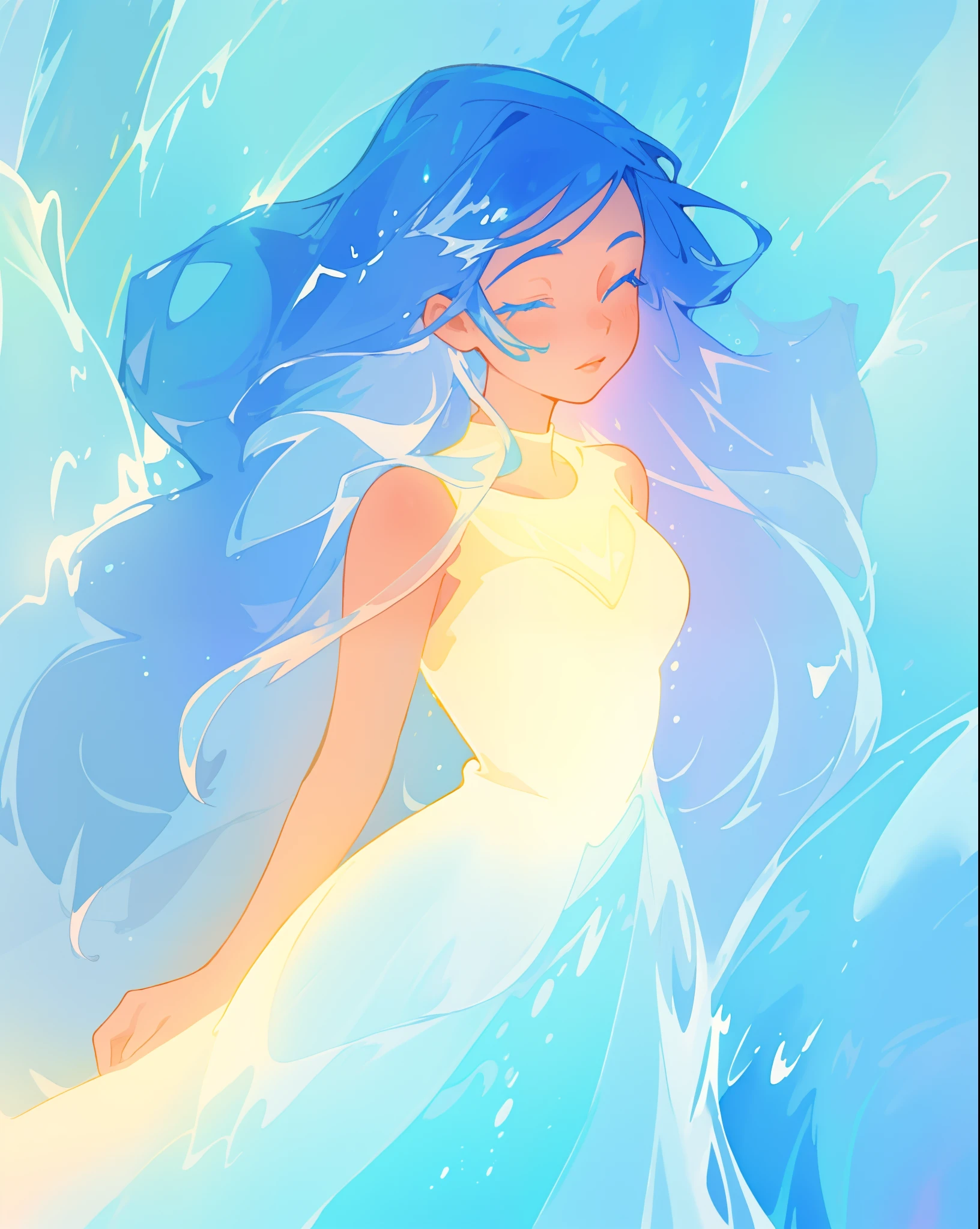 beautiful girl, glowing white and blue gradient ballgown, sparkling swirling water background, long flowing hair, beautiful girl with glowing skin, glowing water background, watercolor illustration, disney art style, glowing aura around her, flowing glowing hair, glowing flowing hair, fantasia otherworldly landscape, beautiful, masterpiece, best quality