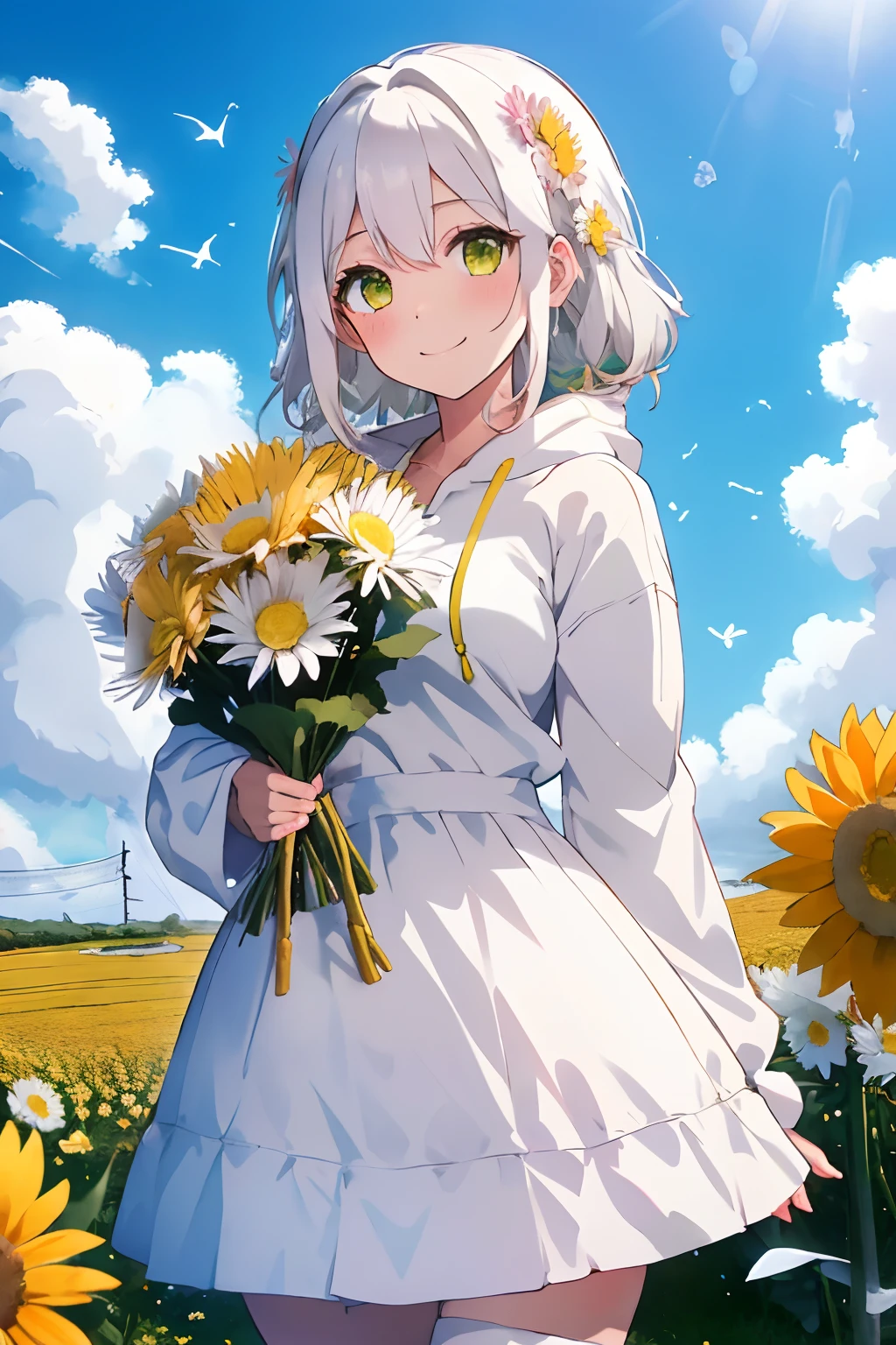 fluffy White hair,pale yellow-green eyes,Pink and white and yellow and orange,Long-sleeved clothing with slightly longer sleeves,Larger hoodie,wearing skirt,Full of chrysanthemum flowers,A windmill can be seen behind a vast flower field,Closer to the right,Smiling holding a bouquet of chrysanthemums,Full of sunshine,There are a few white clouds hanging over the blue sky,butterflys,a bird,a squirrel,bunny rabbit,red tide