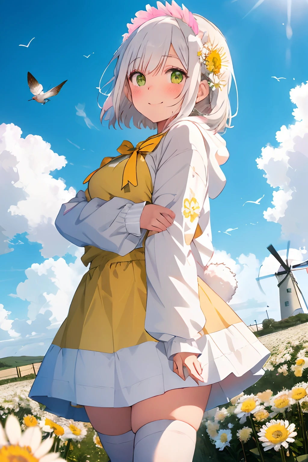 fluffy White hair,pale yellow-green eyes,Pink and white and yellow and orange,Long-sleeved clothing with slightly longer sleeves,Larger hoodie,wearing skirt,Full of chrysanthemum flowers,A windmill can be seen behind a vast flower field,Closer to the right,Smiling holding a bouquet of chrysanthemums,Full of sunshine,There are a few white clouds hanging over the blue sky,butterflys,a bird,a squirrel,bunny rabbit,red tide