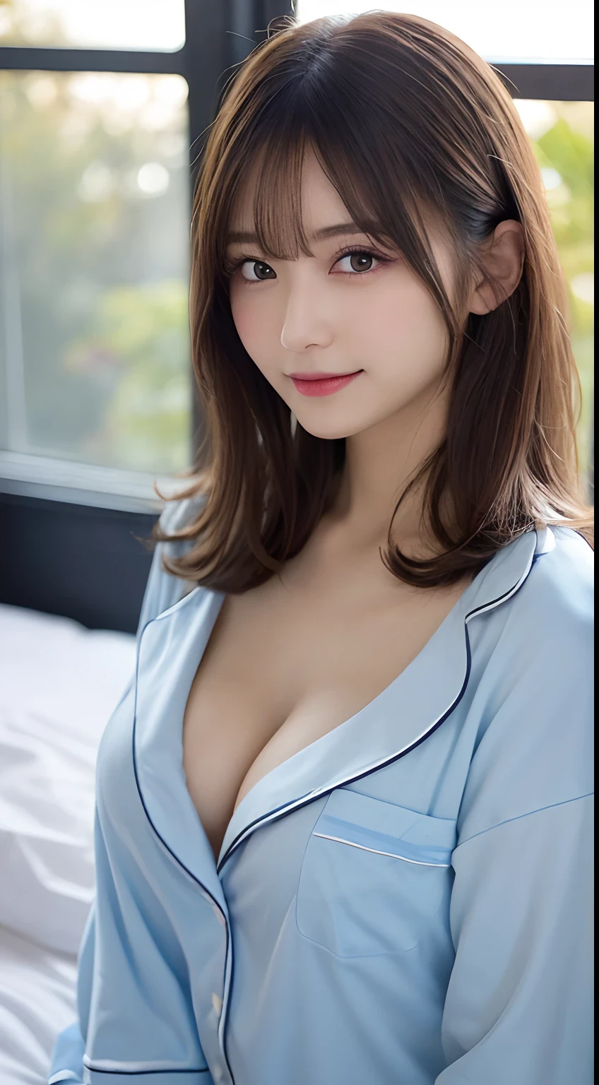 finely detail, hight resolution, hightquality、Perfect dynamic composition, Beautiful detailed eyes, Medium Hair,Natural Color Lip,Kamimei、Shibuya、20 years girl、1 persons、Transparent skin、Glowing hair、masutepiece, Best Quality, Ultra-detailed, finely detail, hight resolution, 8K、The correct state of the human body、Gravure Model Pose,((Smile)),Sunset Bed Background、Ball bokeh、f lare,((Wearing light blue ultra-thin cotton pajamas:1.5,I can see the cleavage)),((sit on a bed))