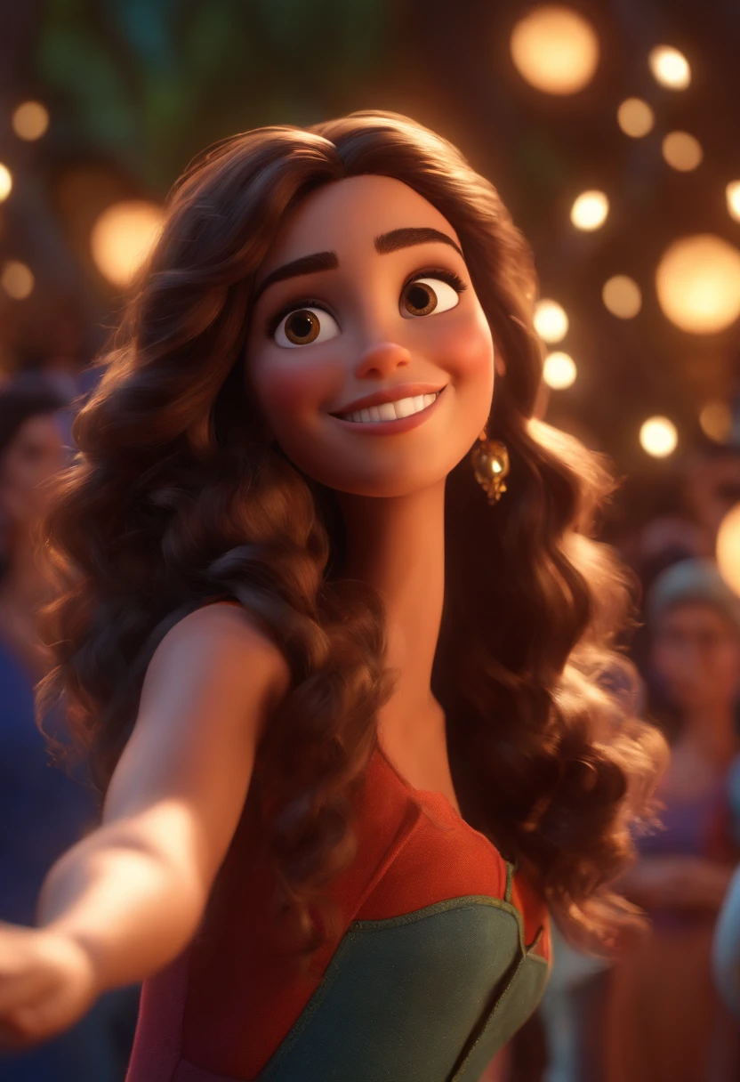 Pixar style image with 3D character, olhos castanhos, morena, brunette woman long hair dancing, Maquiagem Disney,Pescador, bonitinho, sorridente ,Close-up, Pixar, Disney, Cinema lighting,