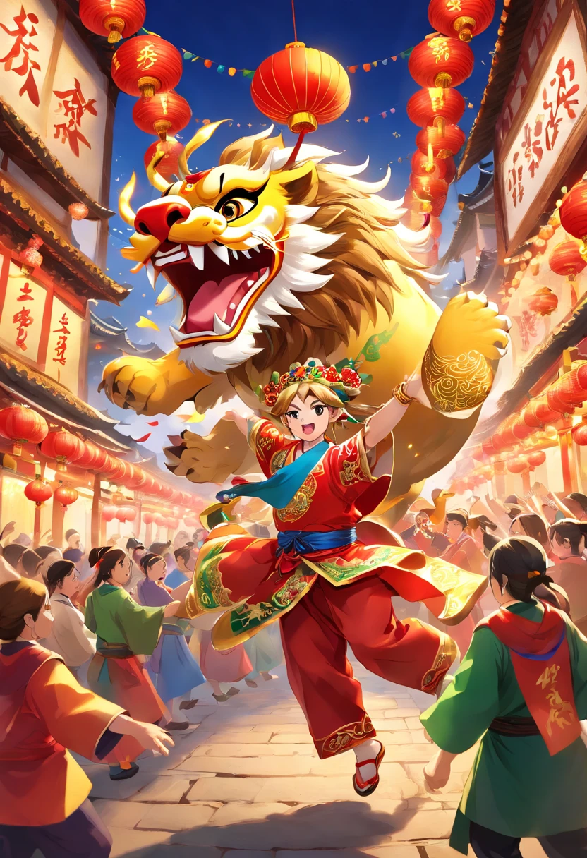 (Best quality,4K,8K,A high resolution,Masterpiece:1.2),Ultra-detailed,(Realistic,Photorealistic,photo-realistic:1.37),Gaze upwards,Spring festival,Children dressed in traditional Chinese costumes happily perform lion dances,Lanterns lit on both sides,Energetic fireworks,Traditional customs,A lively celebration,a joyful atmosphere,Dynamic movements,Colorful costumes,Elaborate lion props,Traditional music and drums,Dim lantern lights,Uplifting holiday spirit,Happy faces,Rhythmic and coordinated dance,Traditional patterns and embroidery on clothes,Lively bustling crowds,Streets decorated with festive decorations,Colorful fireworks display,The sound of drums echoing in the background,Vivid and diverse colors,Dragon dance in the distance,Traditional Chinese elements,Auspicious symbols,Prosperity and good luck,Exquisite lantern design,Big stage,Excitement and anticipation in the air,Lively expressions and gestures,A kaleidoscope of colors,traditional rituals,Auspicious blessings and blessings,Majestic lion dance formation,Dramatic stunts and acrobatics,Warm applause and cheers,A well-choreographed performance,A captivating visual spectacle,Cultural heritage and traditions,Community gatherings and celebrations,A lively and festive atmosphere,A festive soundtrack to accompany the show