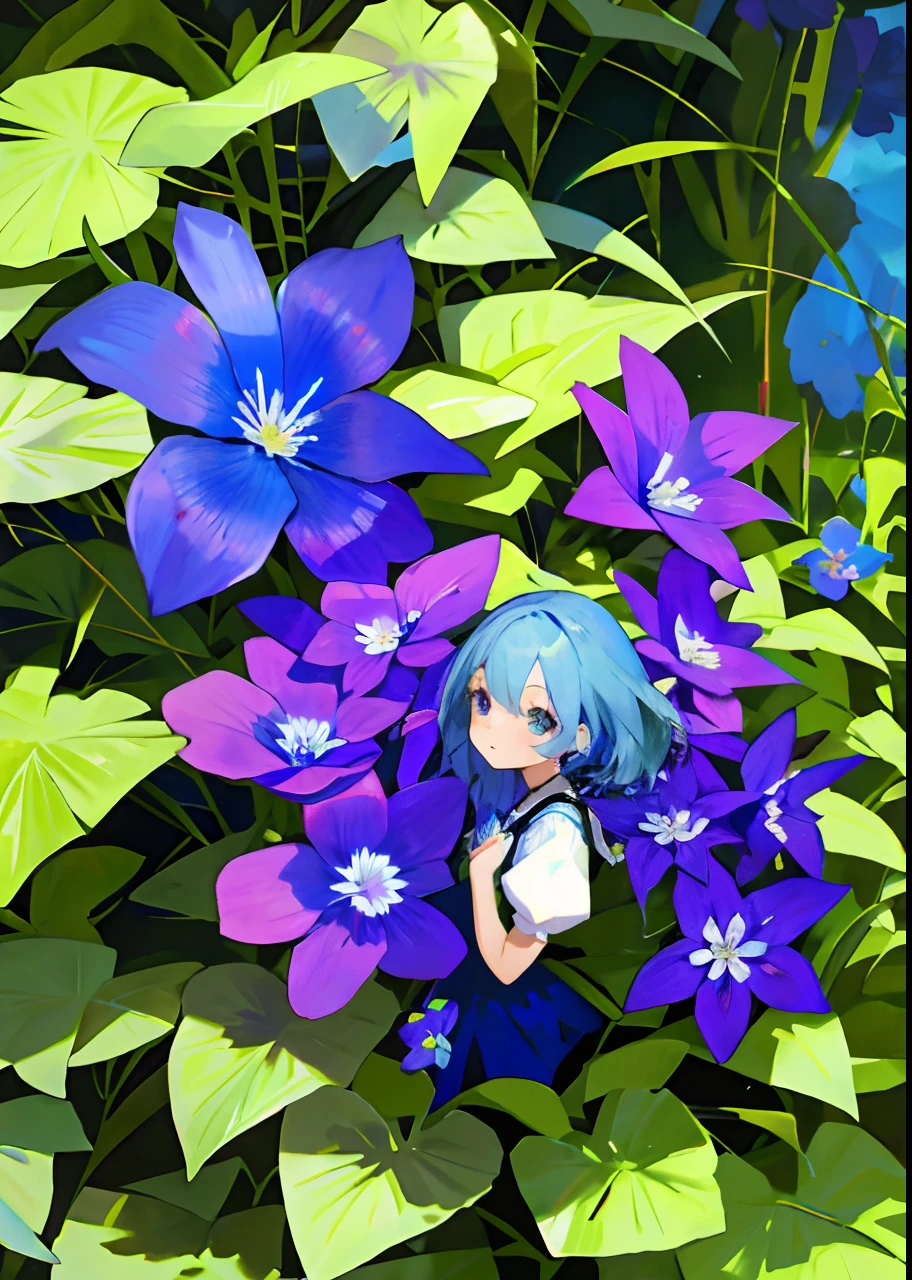 Lively and cute blue-haired girl，violet flower, blue flowers bloomed all over,