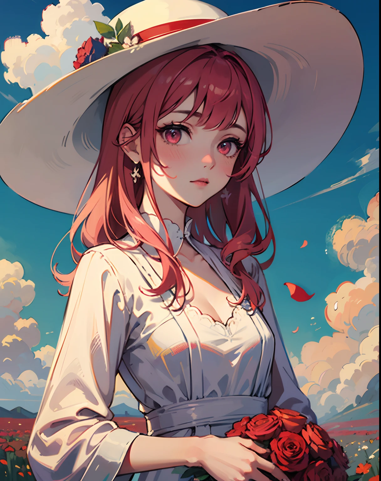 ((masterpiece:1.2, best quality)), (impressionism:1.3), (tarot:1.2)1girl, flower, solo, dress, holding, sky, cloud, hat, outdoors, bangs, bouquet, rose, expressionless, blush, pink hair, flower field, red flower, pink eyes, white dress, looking at viewer, midium hair, holding flower, small breasts, red rose, holding bouquet, sun hat, white headwear, depth of field