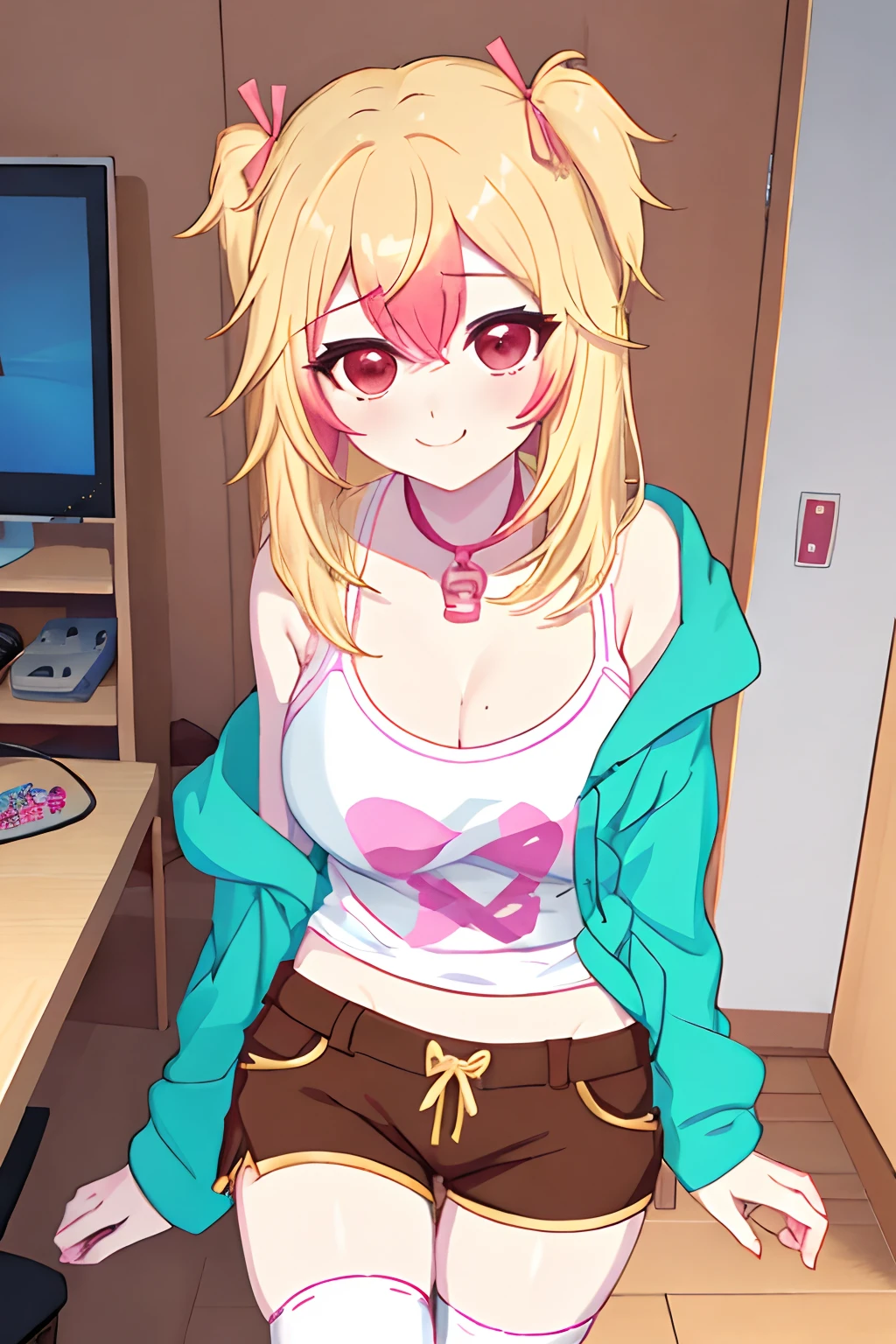 mio, 1girl, solo, breasts, blonde hair, multicolored hair, red eyes, medium breasts,  cleavage, long hair, lingerie, sexy panties, shelf bra, smile,  ribbon, indoors, bedroom, gaming_chair