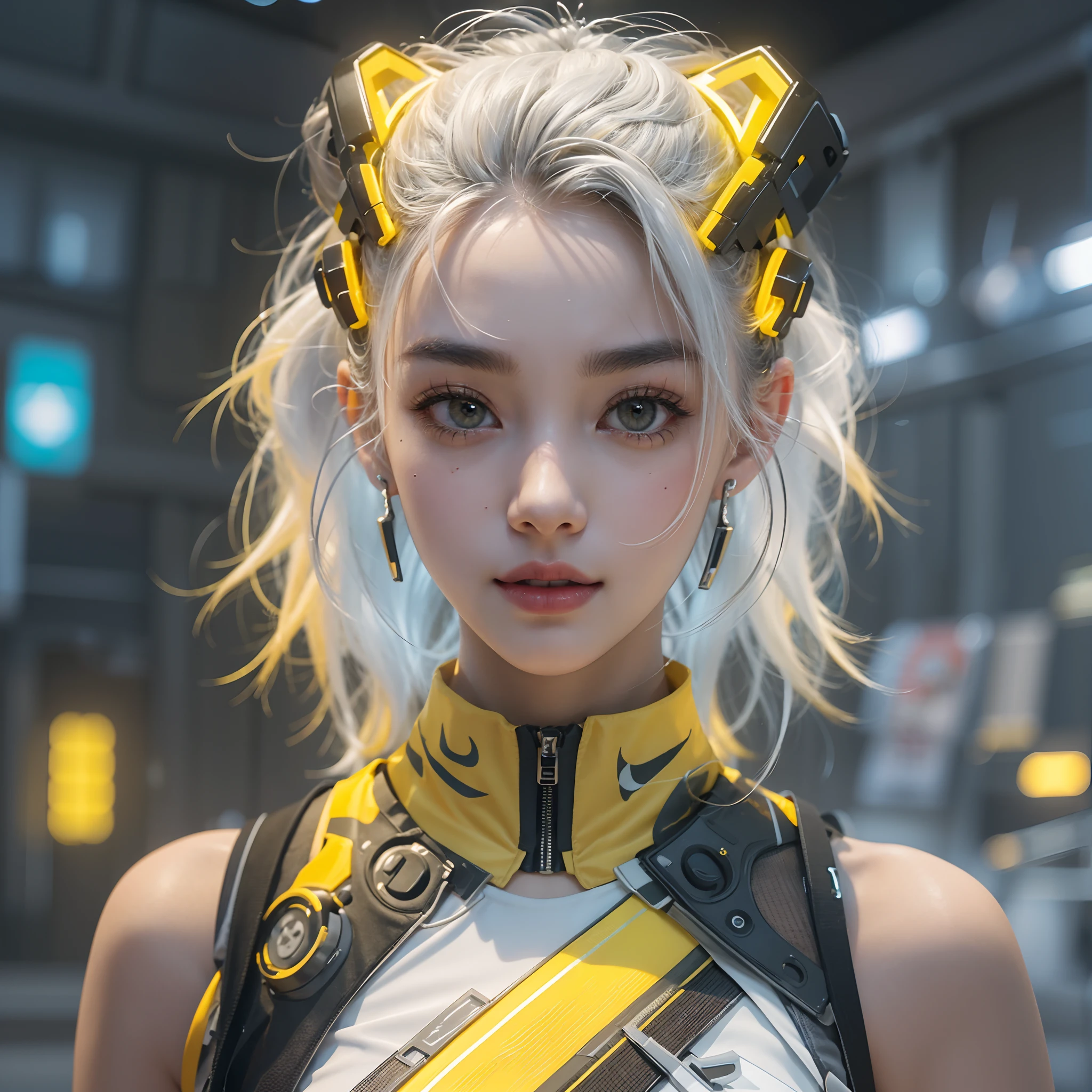 Best quality,tmasterpiece,Ultra-high resolution fills the picture,Indoor at night,Neon lights,Yellow color scheme,Rich egg yellow,Silvery-white hair,Yellow and white tights,Yellow and white color scheme clothing,Sporty skirts,the complex background,Weight instruments in the background,High-tech screen in the background,Lateral face,Smiling,Dress less,There are fitness elements in the rear,nike,nike,nike,Tech gym,Perfect makeup,Love eyes,8K quality,Cyberpunk,sense of science and technology,Character backlighting,rim-light,Movement changes,Flowing hairstyle,Loose hairstyle,The number of fingers is refined,6 avatar diagrams,Luminous stud earrings,Luminous digital necklace,Electronic digital watches,The most beautiful girl in mankind,Delicate close-up of the face,Realistic image quality,Super light and shadow,Very good figure,Meticulous,Arrow symbol,Brand sense,English slogan neon,Runway lights,Fitness gym at night,Very good figure,Raised sexy