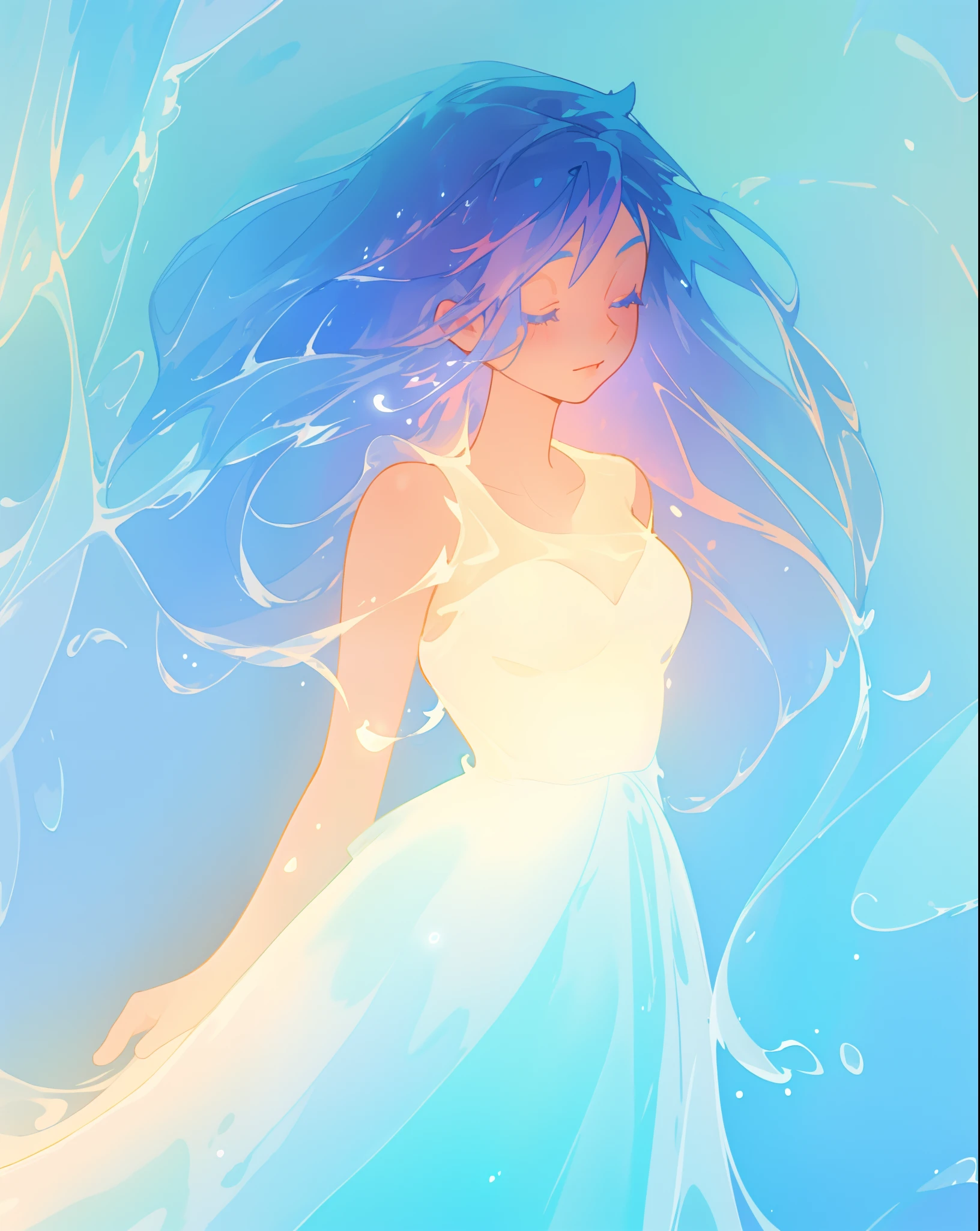 beautiful girl, glowing white and blue gradient ballgown, sparkling swirling water background, long flowing hair, beautiful girl with glowing skin, glowing water background, watercolor illustration, disney art style, glowing aura around her, flowing glowing hair, glowing flowing hair, fantasia otherworldly landscape, beautiful, masterpiece, best quality