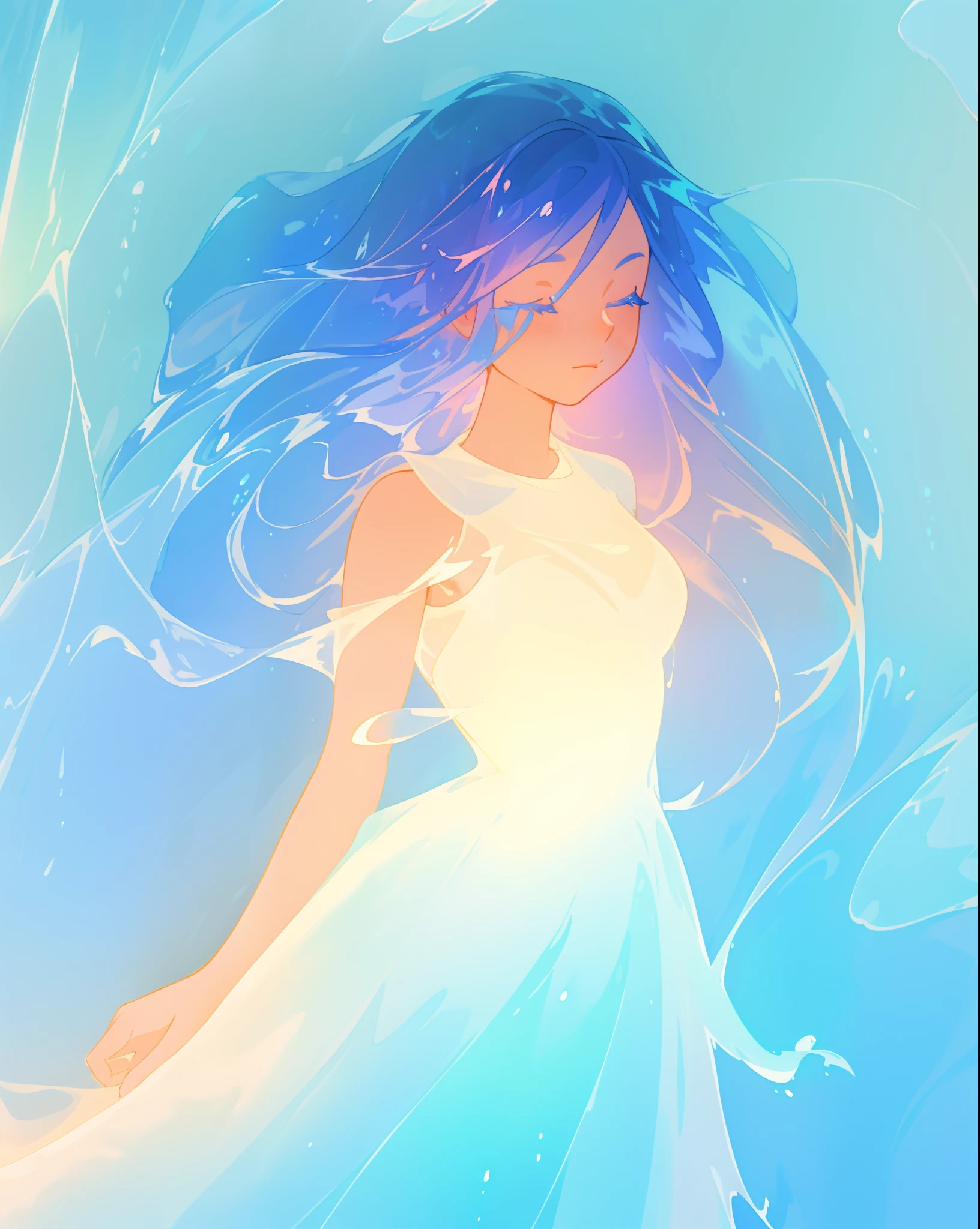 beautiful girl, glowing white and blue gradient ballgown, sparkling swirling water background, long flowing hair, beautiful girl with glowing skin, glowing water background, watercolor illustration, disney art style, glowing aura around her, flowing glowing hair, glowing flowing hair, fantasia otherworldly landscape, beautiful, masterpiece, best quality