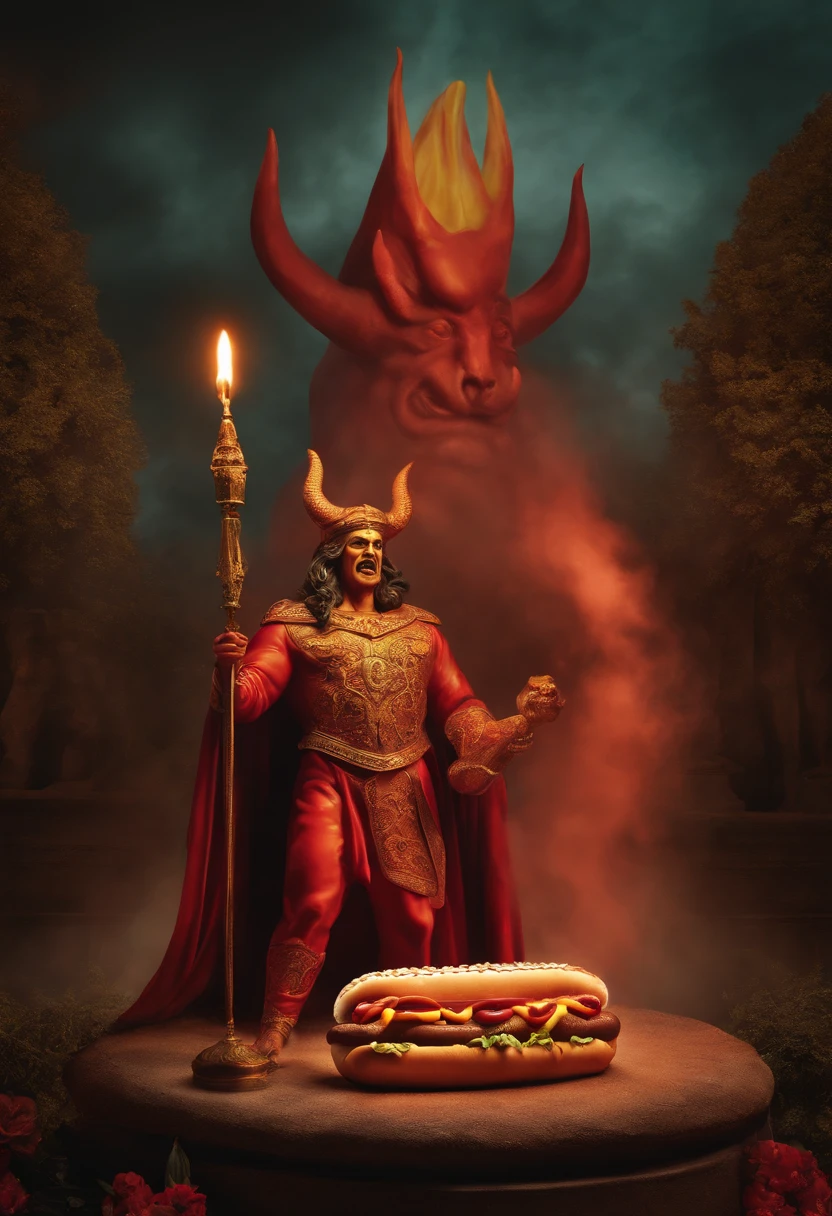 Satan worshipping a hot dog, hot dog statue print