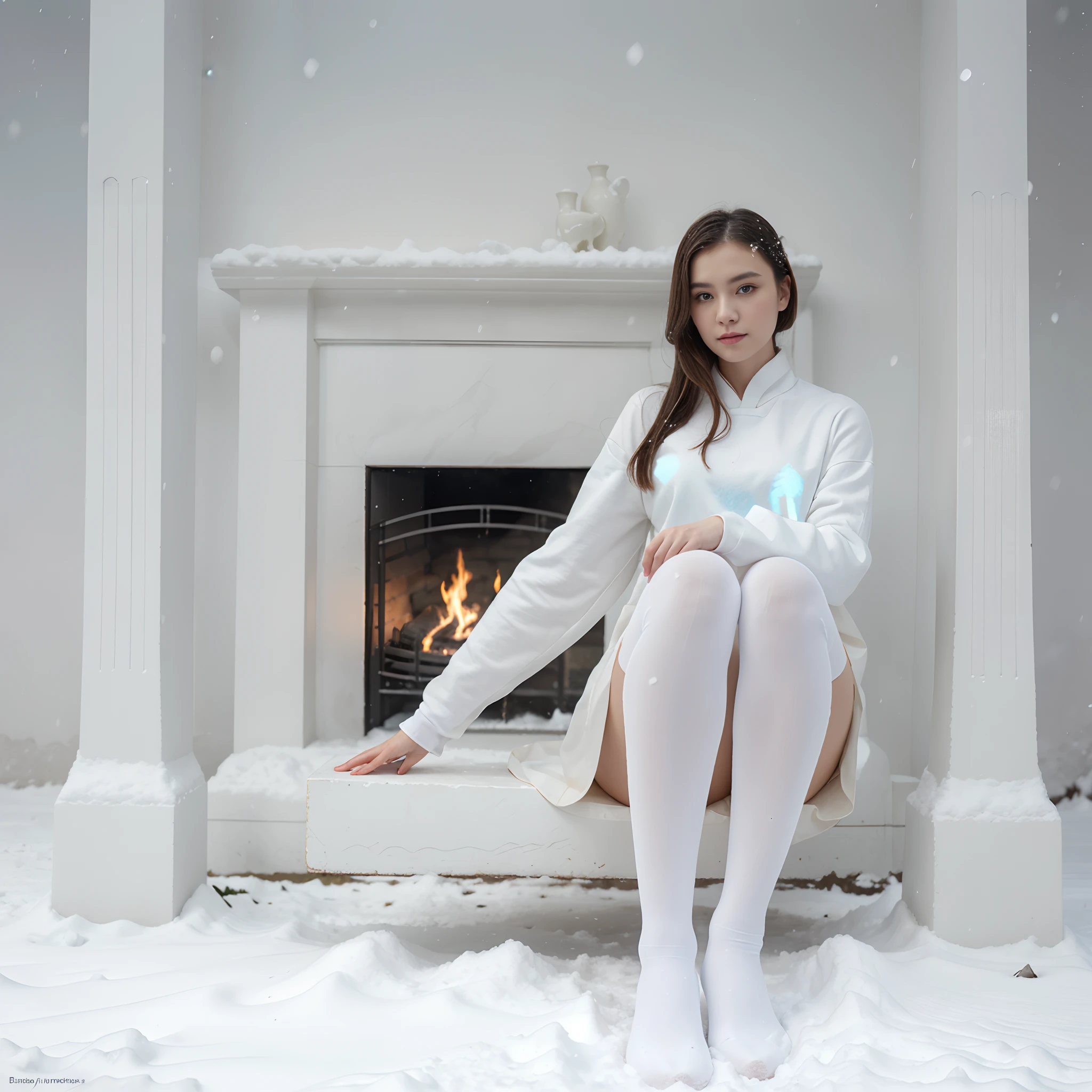 Fire Dance sits cross-legged in the snow, a photorealistic painting inspired by Ma Yuanyu, Tumblr, fine art, pale snow-white skin, White snow, very long snow colored hair, White fur, Wearing white tights, pale milky white porcelain skin, Milky white skin, a beautiful woman in white aodai, White tights, blanketed in a mantle of snow