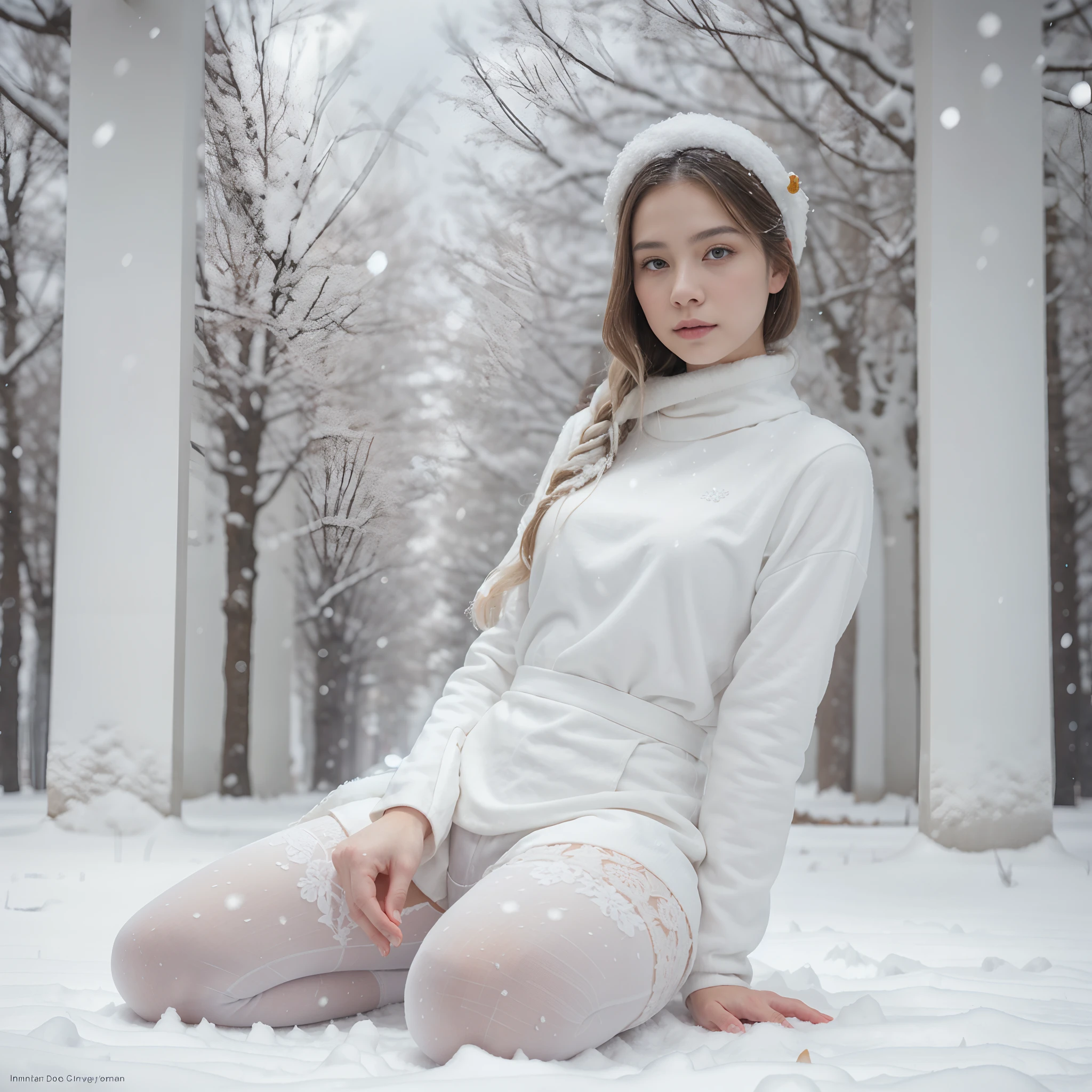 Fire Dance sits cross-legged in the snow, a photorealistic painting inspired by Ma Yuanyu, Tumblr, fine art, pale snow-white skin, White snow, very long snow colored hair, White fur, Wearing white tights, pale milky white porcelain skin, Milky white skin, a beautiful woman in white aodai, White tights, blanketed in a mantle of snow