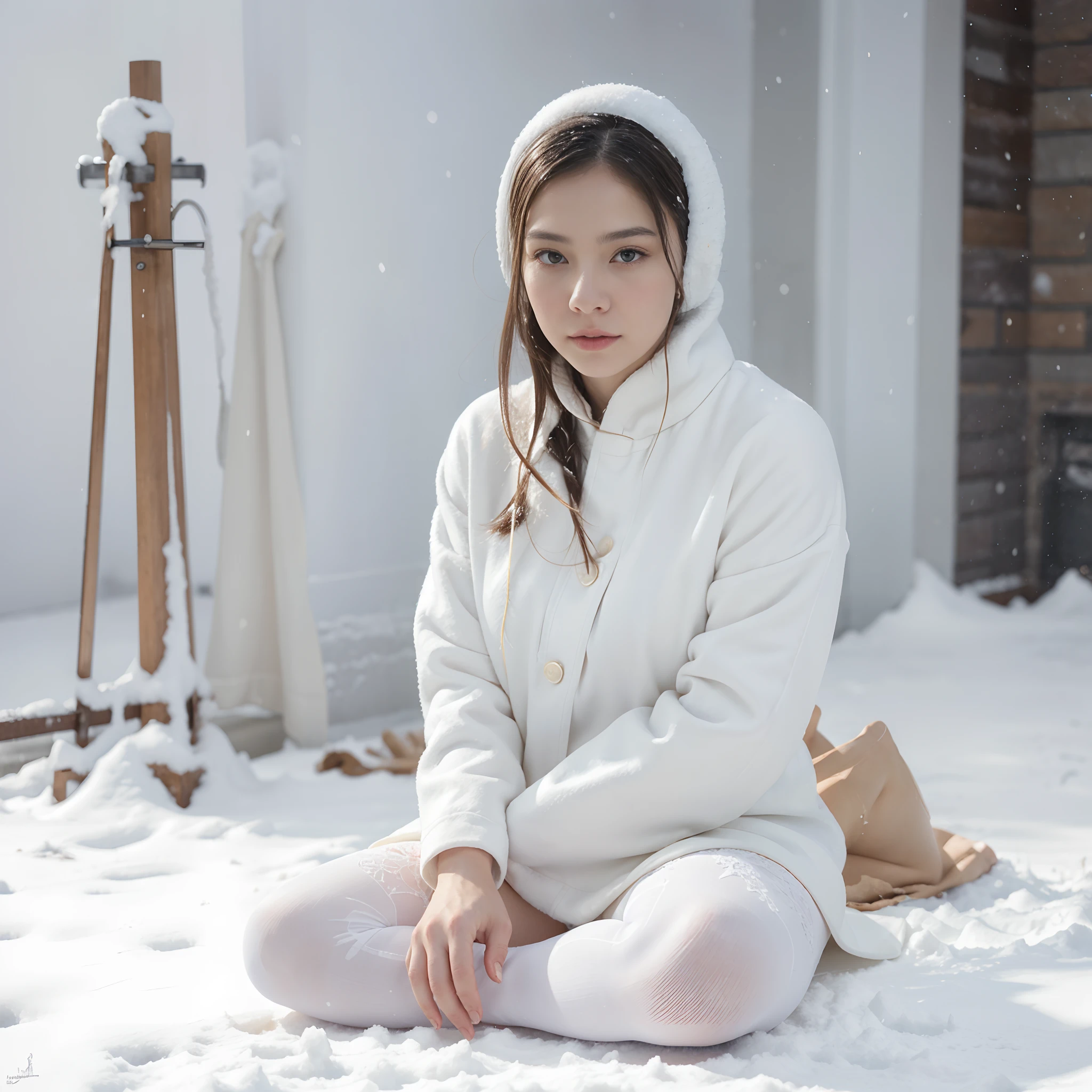 Fire Dance sits cross-legged in the snow, a photorealistic painting inspired by Ma Yuanyu, Tumblr, fine art, pale snow-white skin, White snow, very long snow colored hair, White fur, Wearing white tights, pale milky white porcelain skin, Milky white skin, a beautiful woman in white aodai, White tights, blanketed in a mantle of snow