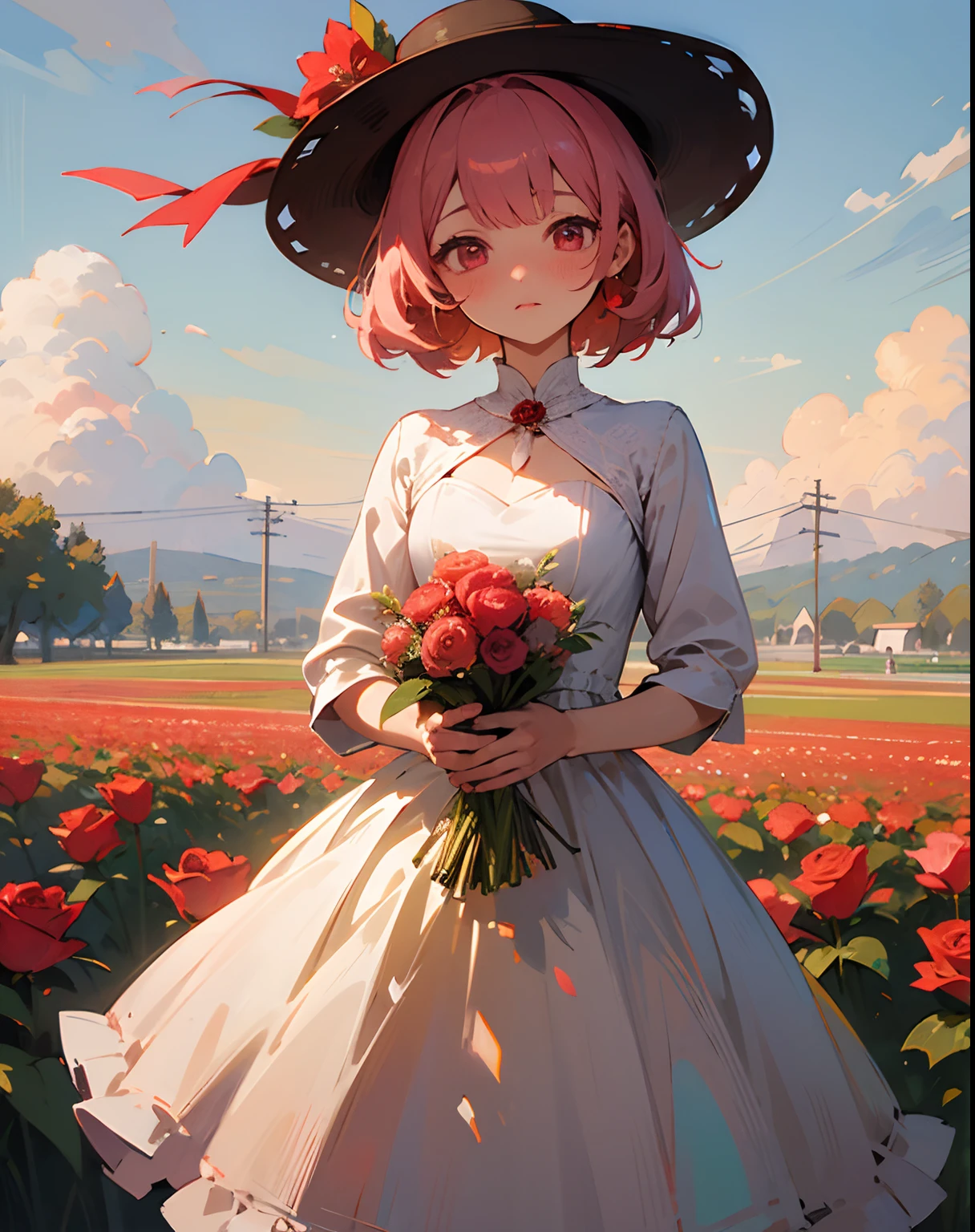 ((masterpiece:1.2, best quality)), (impressionism:1.3), (tarot:1.2)1girl, flower, solo, dress, holding, sky, cloud, hat, outdoors, bangs, bouquet, rose, expressionless, blush, pink hair, flower field, red flower, pink eyes, white dress, looking at viewer, midium hair, holding flower, small breasts, red rose, holding bouquet, sun hat, white headwear, depth of field