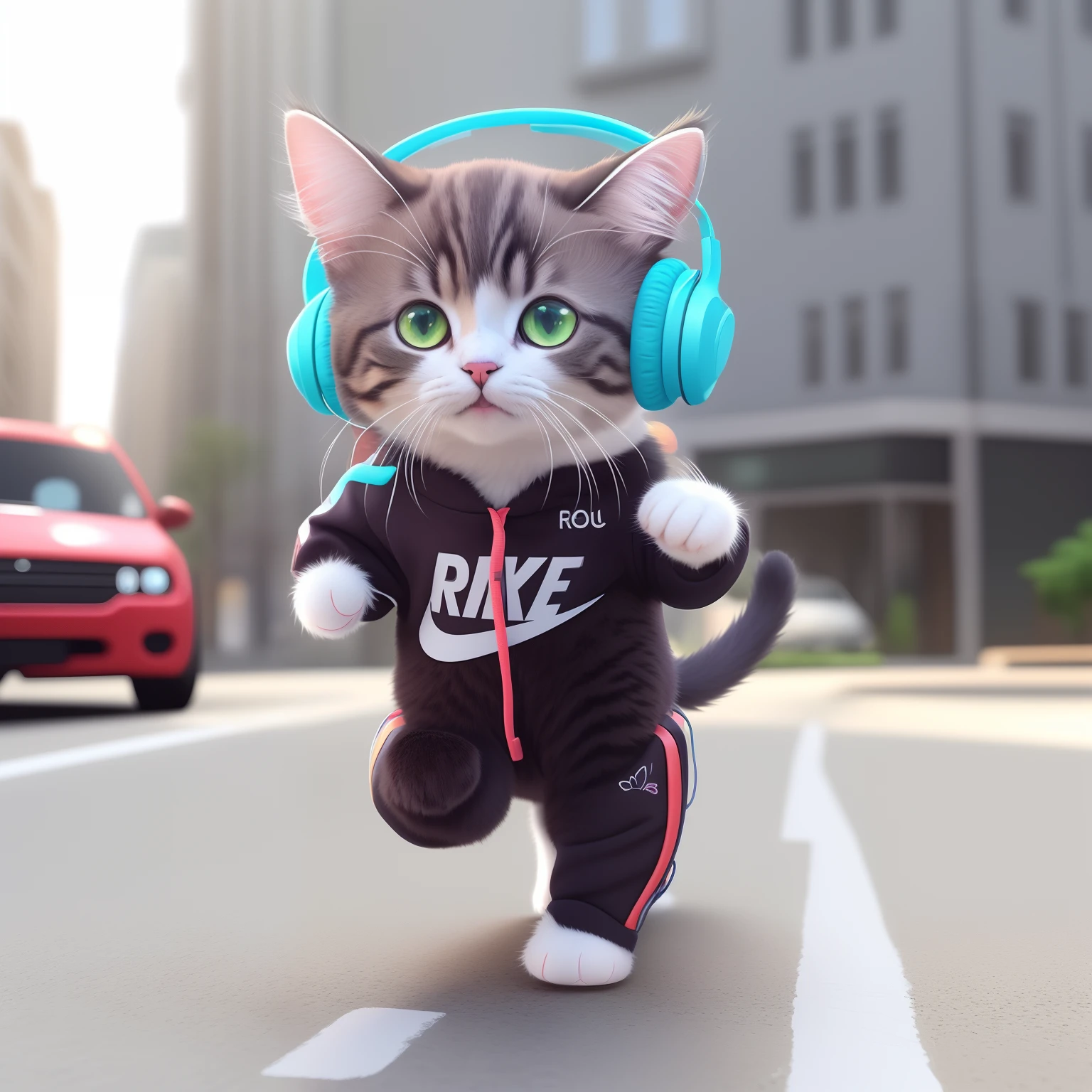 There is a cute cat walking down the street wearing headphones, lovely digital painting, hyperreal rendering, ultra-realistic picture, cute 3 d render, Cute detailed digital art, anime cat, ultra realistic 3d illustration, adorable digital art, style of surrealism, realistic anime cat, hyper realistic rendering, hyper realistic rendering, hyper - realistic render, hyperrealistic picture，Happily singing to the screen