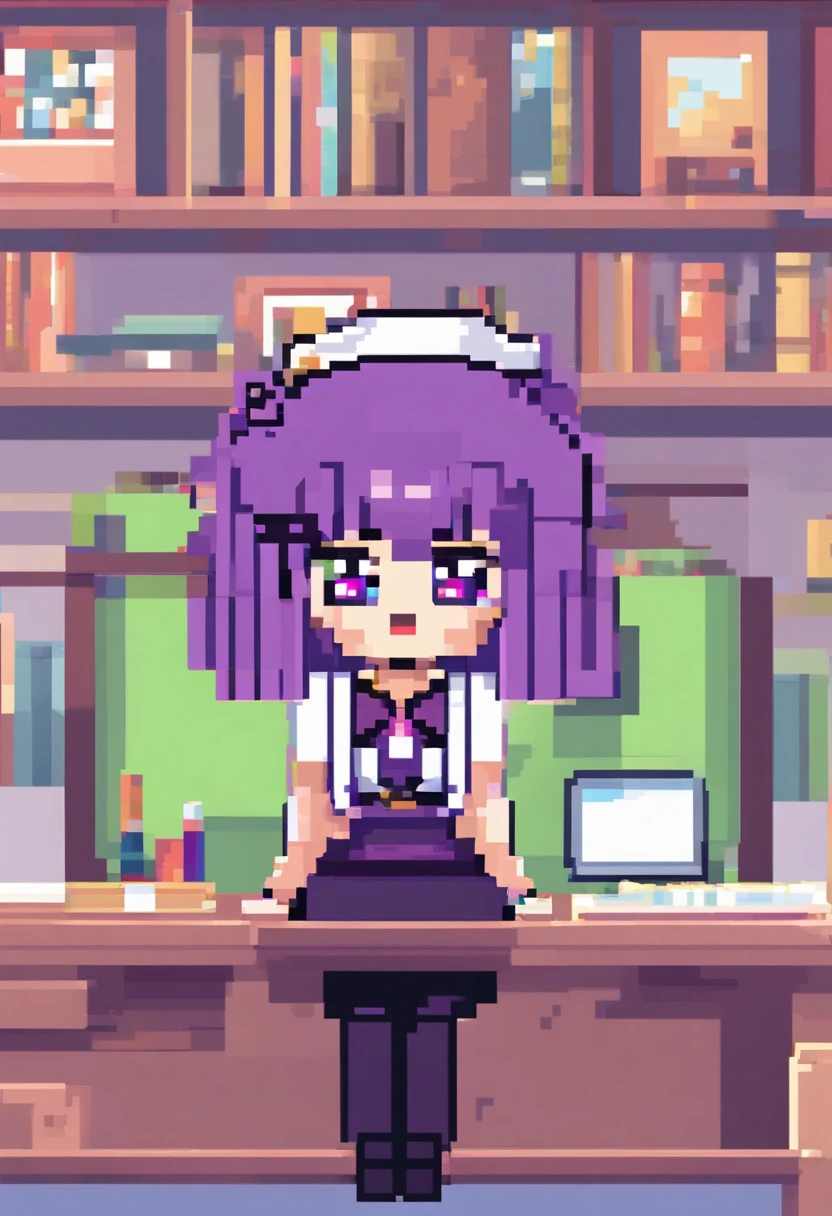 1girl, cabelo roxo longo da meia-noite, olhos claros dourados, Sente-se na sala de aula, Uniforme moderno da escola branca, anime
