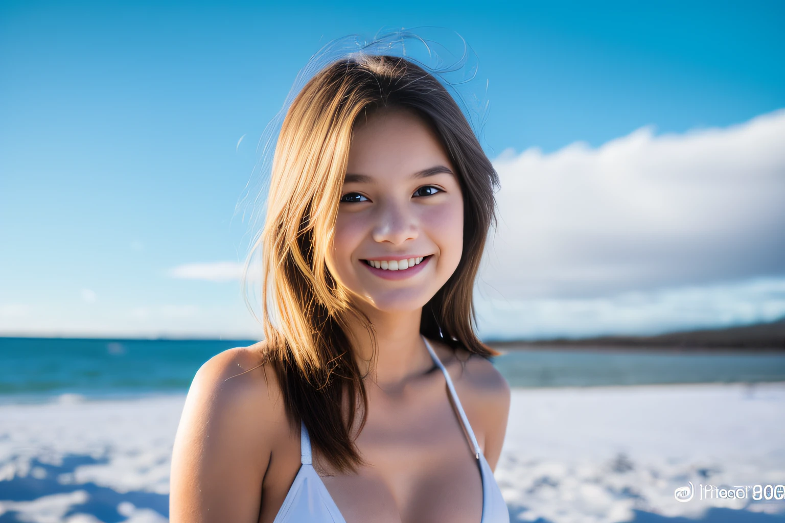 SeaArt Bot Txt2Img default ,1cute girl, portrait, bokeh, ( masterpiece), accurate, anatomically correct, f/1.8, 90mm, Fujifilm GFX 50R, raw photo, regina display, super detail, high details, high quality, best quality, highres, UHD, 1080p HD, 4K, 8K, (((14years old 1girl))), Realism, ((Face and body the full front)), (standing), ((small breasts)), (bikini), medium Hair, beautiful white skin, young features, beautiful pussy, soothing tones, high contrast, natural skin texture, smile, of Sweden, Northern Lights Sky