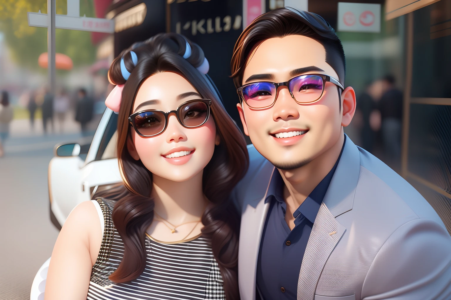 masterpiece, best quality, 3d rendering work, 3DMM style, close-up, portrait, 3D, two young Asian couple, beautiful skin, brown eyes, black hair, sunglasses, sweet smile, 80 kg overweight, gradient background. Colors Candy color, cute