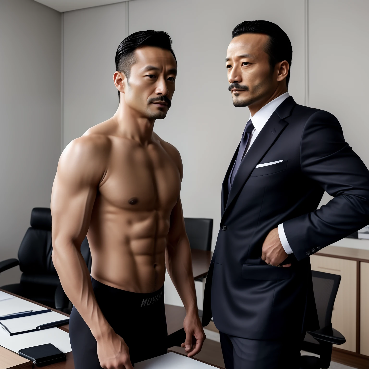 aged 40，Hidetoshi Nakata，（Kogoro Mouri 1.3），Shirtless，Thick body hair，Bright，Bulge，fortitude，office room，Business suit，Two people are intimate，skinny pants，full bodyesbian，fortitude，k hd，with mustache，black long socks，