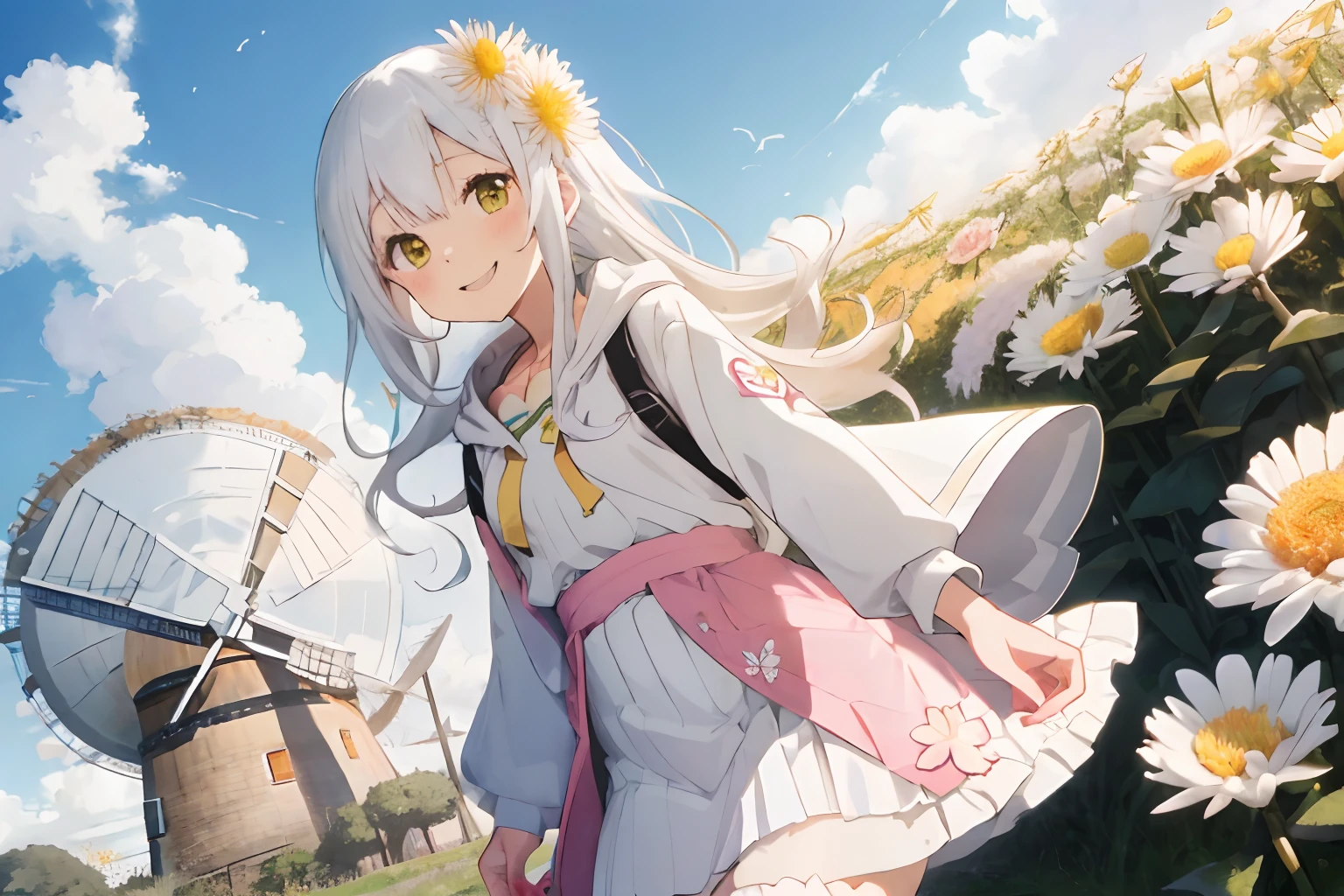 fluffy White hair,pale yellow-green eyes,Pink and white and yellow and orange,Long-sleeved clothing with slightly longer sleeves,Larger hoodie,wearing skirt,Full of chrysanthemum flowers,You can see the windmill beyond the vast flower field,Leaning to the right,Smiling with a bouquet of chrysanthemums,full of sunlight,There are some white clouds floating in the blue sky,butterflys,a bird,a squirrel,bunny rabbit,red tide