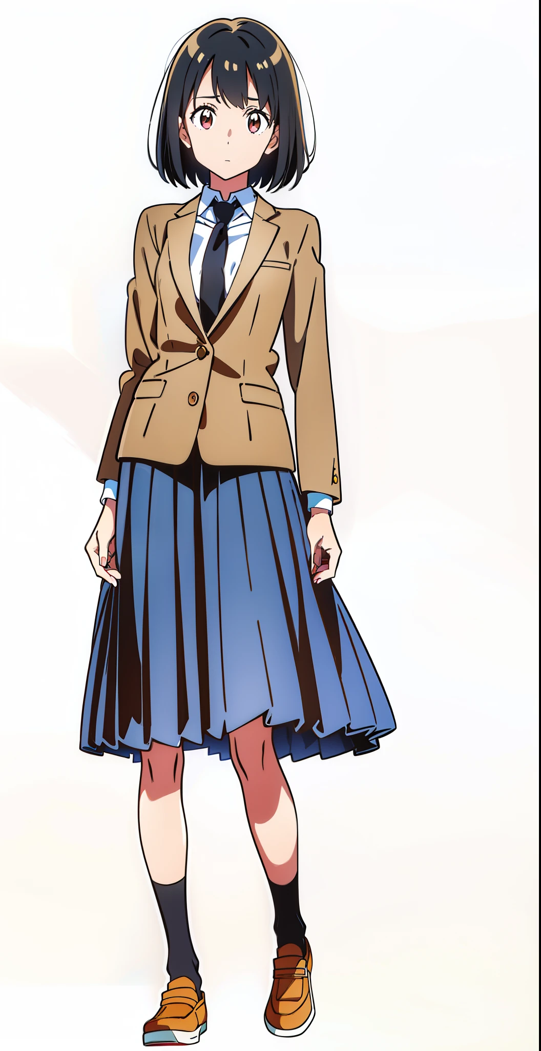 (tareme:1.2), (ideal ratio body proportions:1.6), (looking at viewer:1.1), (white background:1.0), (best quality:2.0), (masterpiece:1.0), (full body:1.0), (solo:1.0), (a 18yo cute girl:1.0), (long skirt:1.0), (dark blue skirt:1.0), (pleated skirt:1.0), (school uniform beige blazer:1.0), (dark blue necktie:1.0), (black socks:1.0), (loafers:1.0), (lanky:1.6), (tall:1.6), (slender:1.6), (small breasts:1.6), (detailed beautiful eyes:1.2), (detailed beautiful face:1.2), (glowing black eyes:1.2), (bob cut hair:1.0), (black hair:1.0)