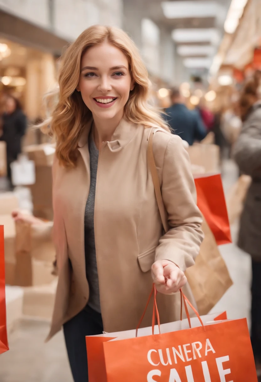 A delighted blond woman, navigating through the bustling scenes of a BLACK FRIDAY sale, a symphony of bags gripped in her hands, camera capturing a full body shot of her elation, ginger hair glowing, surrounded by boxes and sale signs, amid the chaos of consumerism, shot in portrait mode, high contrast, ultra clear, realistic depiction, golden light brushing accents,...