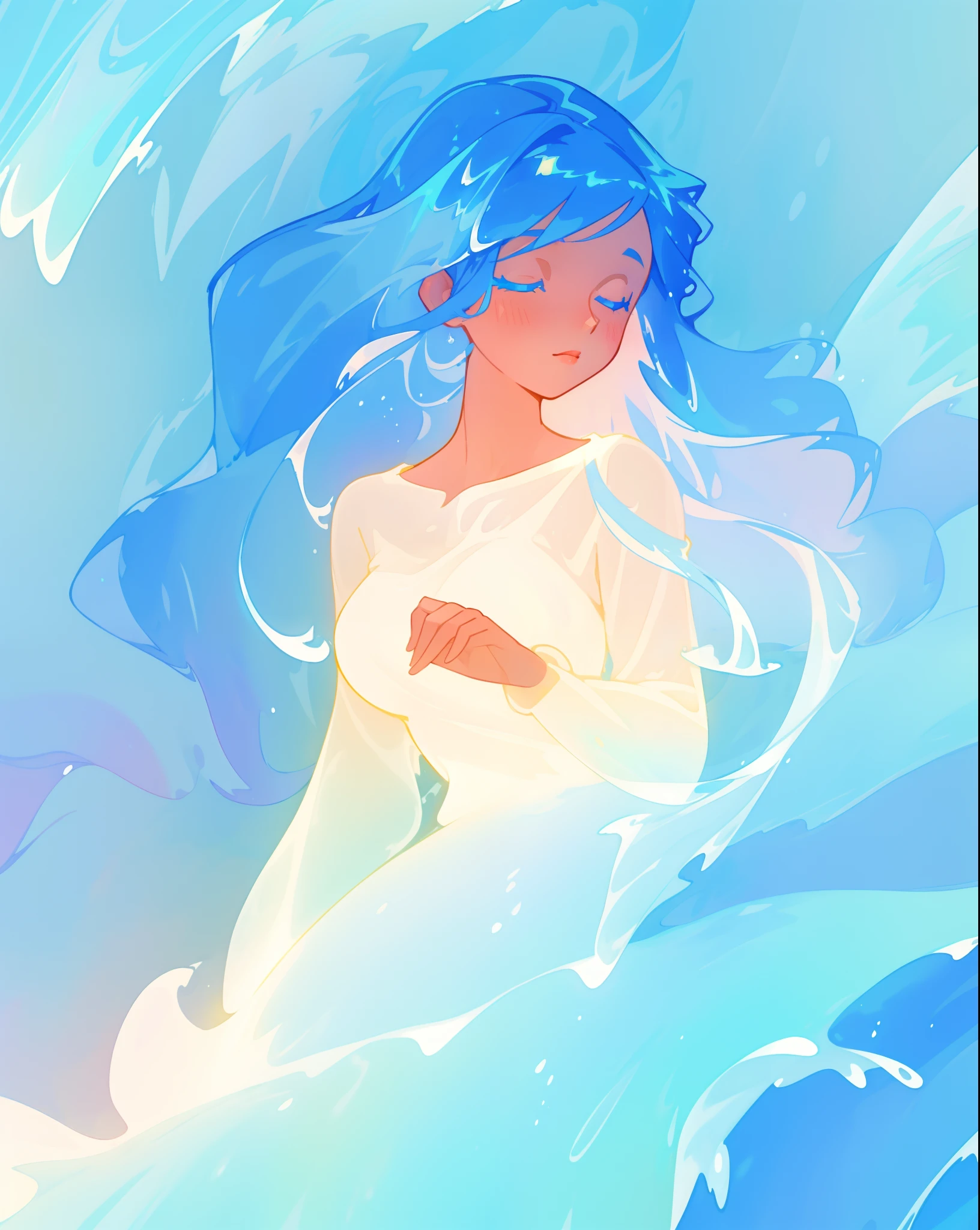 beautiful girl, glowing white and blue gradient ballgown, sparkling swirling water background, liquid streams of light surrounding her, long flowing hair, beautiful girl with glowing skin, glowing water background, watercolor illustration, disney art style, glowing aura around her, flowing glowing hair, glowing flowing hair, fantasia otherworldly landscape, beautiful, masterpiece, best quality