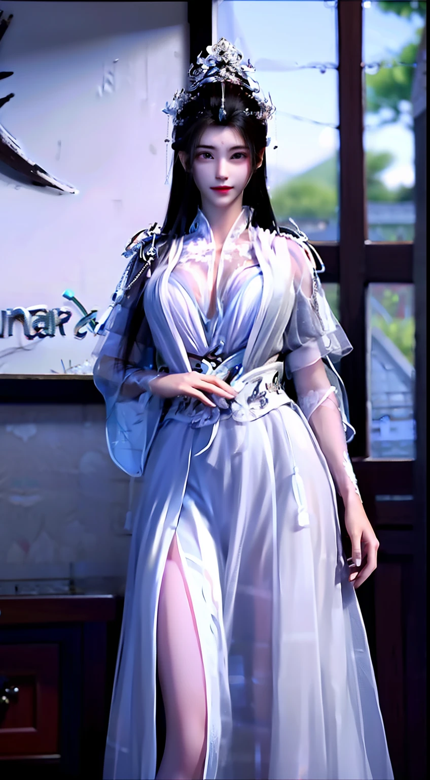 Yue Yao,White tulle dress,Bigchest,cleavage,Round breasts