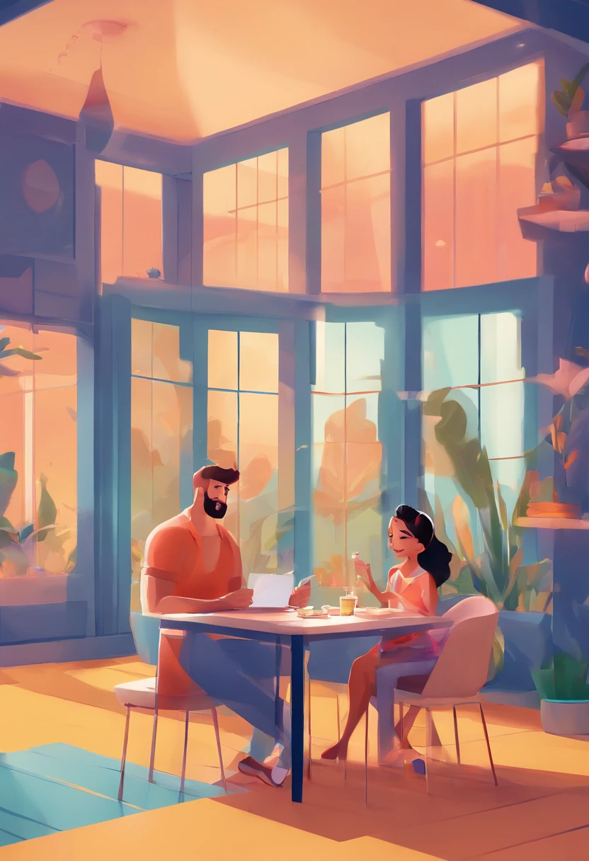 An illustration of an adorable couple, Destacando um homem e uma mulher com beleza, Expressive eyes – the man's hair is bald and brown and he has a full beard, While the woman's hair is tied up in a bun and blonde. They are a bright space, Todos com um sorriso no rosto, e compartilhe um momento especial, That is marked by love, viagem, and pedagogical insights. Ilustre esta cena a partir de uma perspectiva, where they're facing away from the camera, Show Your Connection. Desenvolva esta arte em Full HD, Focus on your cinematic touch, Estilo Disney Pixar Animations