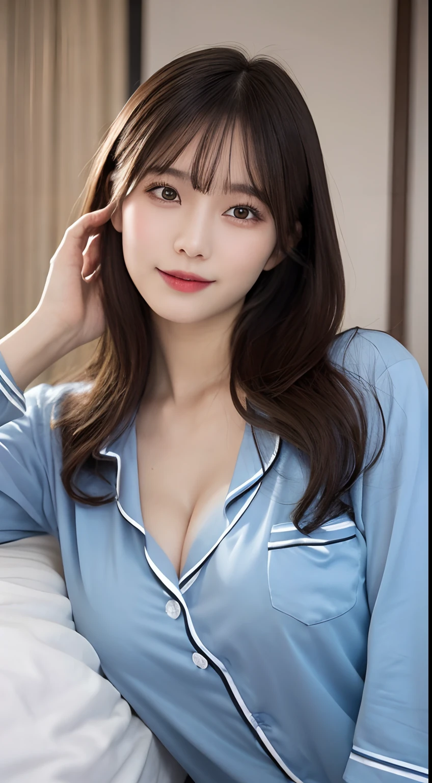(20 Years Old Beautiful Korean Woman:1.1),(Kpop Idol、mix)、（Caucasian and Mixed）、Western Facial Features、The ultra -The high-definition、(8K、Raw photography、Best Quality、masutepiece:1.2)、Large bust、((Realistic ))、Attractive eyes、(50mm Sigma f / 1.4 ZEISS Lenses、F1.2、1 / 800 sec、ISO 100、a picture:1.1)、(curly hair+Brown hair+Blunt bangs:1.2)、(realisitic:1.4)、bokeh dof、sharp、(Photorealsitic)、Live action photos、独奏、top-quality、Very beautiful face、Very beautiful eyes、beatiful detailed eyes、Floating hair、(8K、Raw photography、top-quality、​masterpiece:1.2)、(reallistic、Photorealsitic:1.37)、The ultra -The high-definition、1 girl in、cute little、独奏、(A smile:1.1)、(Closed)、Colossal tits、beautidful eyes、cleavage on the chest、perfect bodies、Perfect fingers、profetional lighting、goddess of Japan、A sexy、gravure、Detailed face and skin texture、A detailed eye、Raw photo、a 20 yo woman、((naked pajama:1.2、green pajamas、pantiy))、(Open your clothes:1.2)、(living room)、乃木坂アイドル、韓国アイドル、Japan idle、sideshot