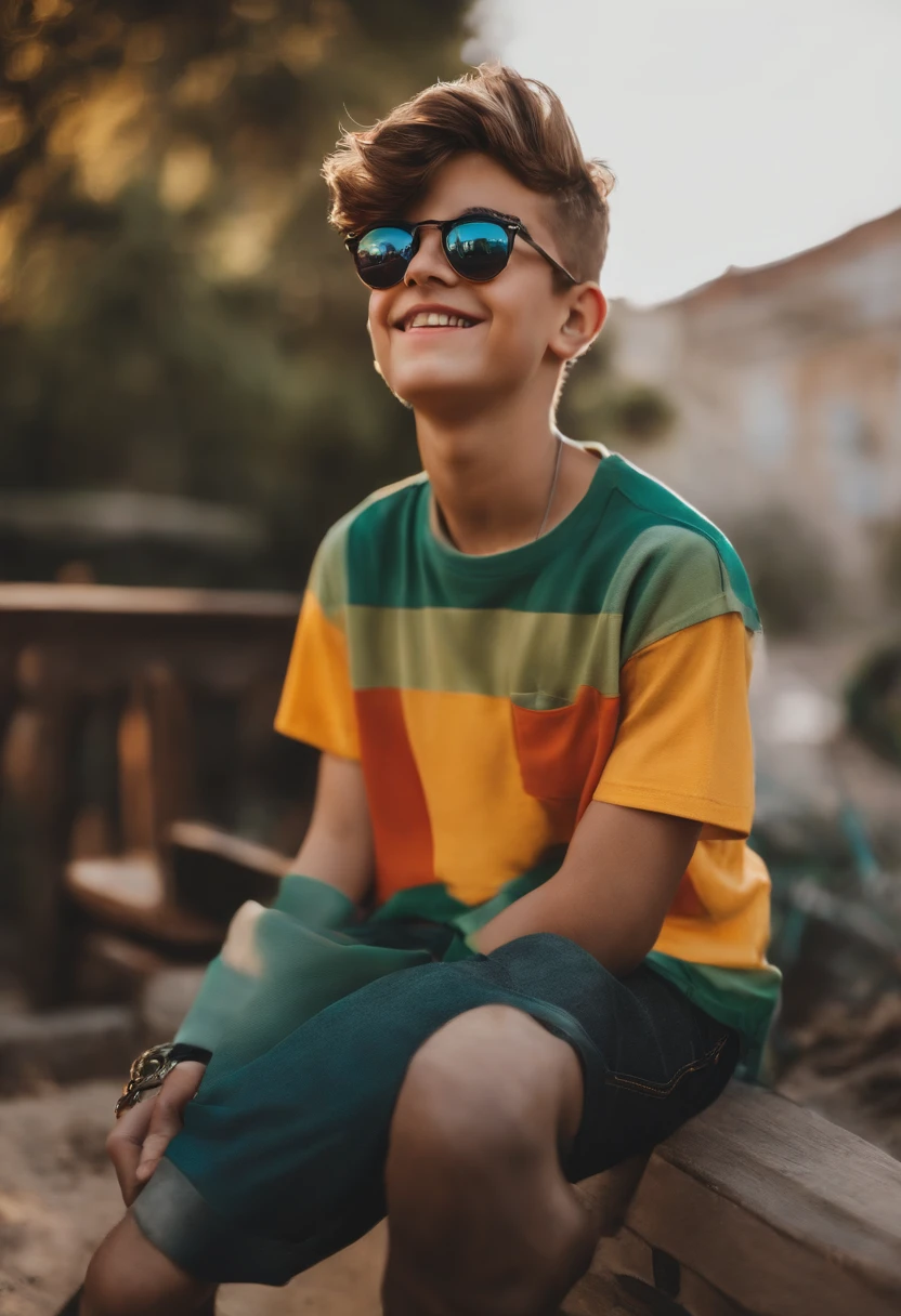 Image of a boy for a story in a YouTube video in Pixar format, He's an allabester teenager, He's the class leader, He's outgoing, Playful and gets up for a lot of things, cabelo curto e castanho, Gold lanyard and grey shirt and clear Rayban glasses