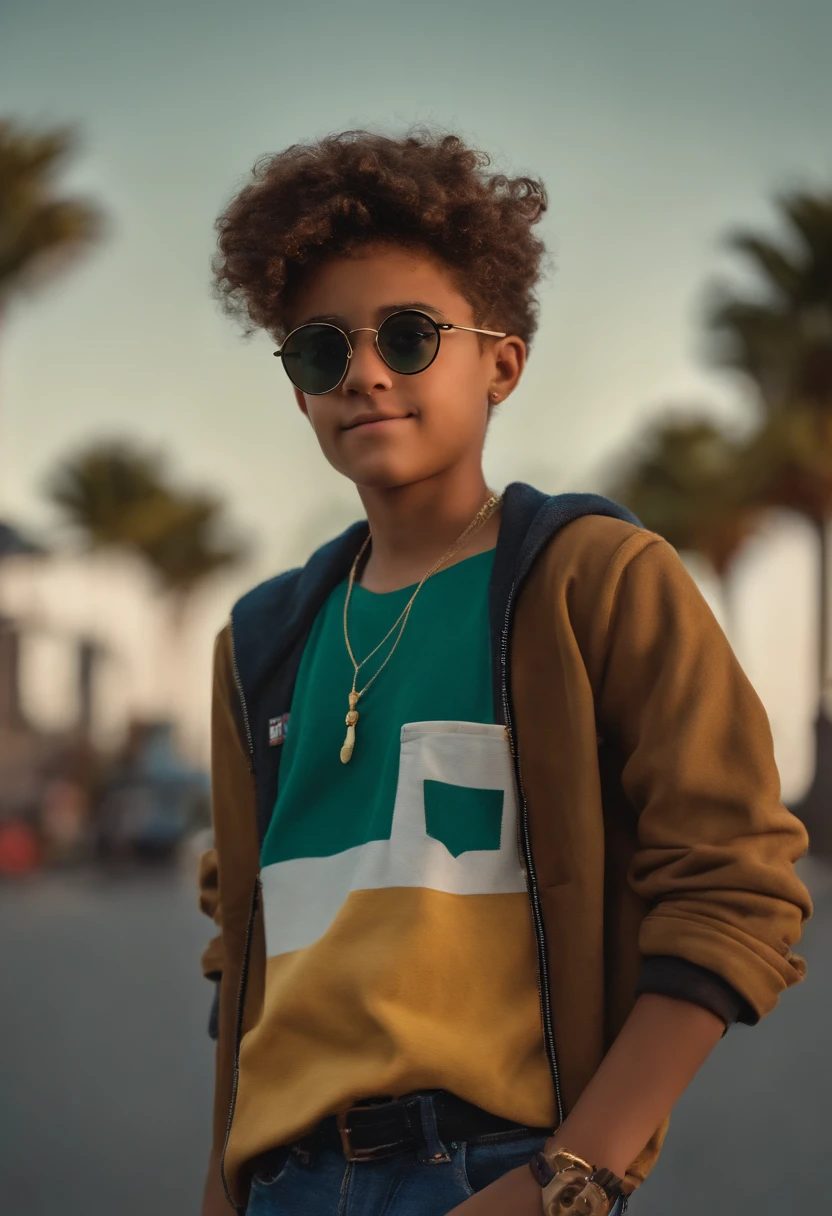 Image of a boy for a story in a YouTube video in Pixar format, He's an allabester teenager, He's the class leader, He's outgoing, Playful and gets up for a lot of things, cabelo curto e castanho, Gold lanyard and grey shirt and clear Rayban glasses
