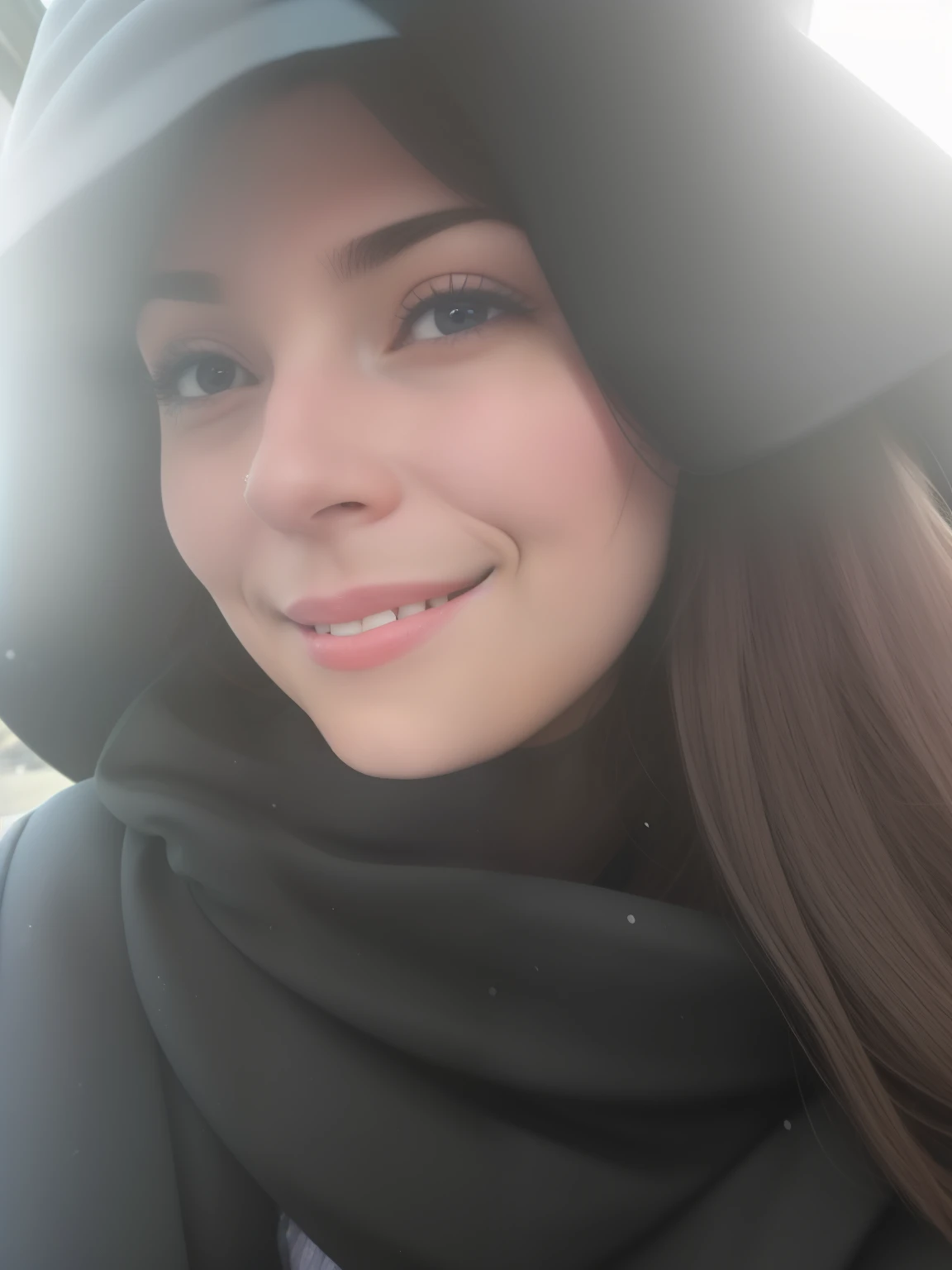 Arafed woman in a black hat and scarf sitting in a car, na neve, apenas neve no fundo, only snow i the background, frio, mas bonito, na neve, selfie de uma jovem mulher, foto de baixa qualidade, rosto perfeito ), sorriso caloroso e gentil, muito ligeiramente sorridente, imagem de qualidade muito baixa, sorriso quente, selfie shot straight on angle