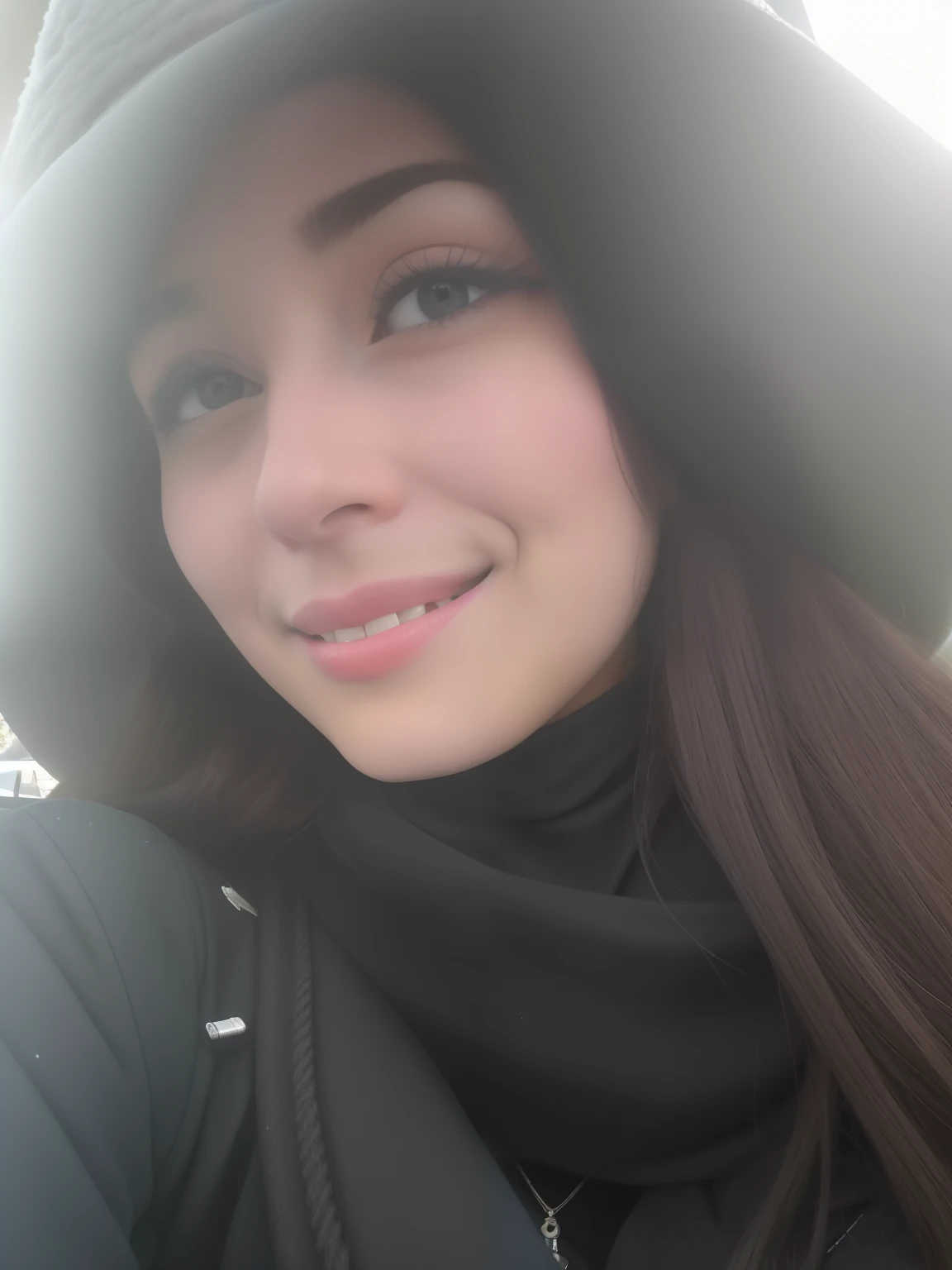 Arafed woman in a black hat and scarf sitting in a car, na neve, apenas neve no fundo, only snow i the background, frio, mas bonito, na neve, selfie de uma jovem mulher, foto de baixa qualidade, rosto perfeito ), sorriso caloroso e gentil, muito ligeiramente sorridente, imagem de qualidade muito baixa, sorriso quente, selfie shot straight on angle