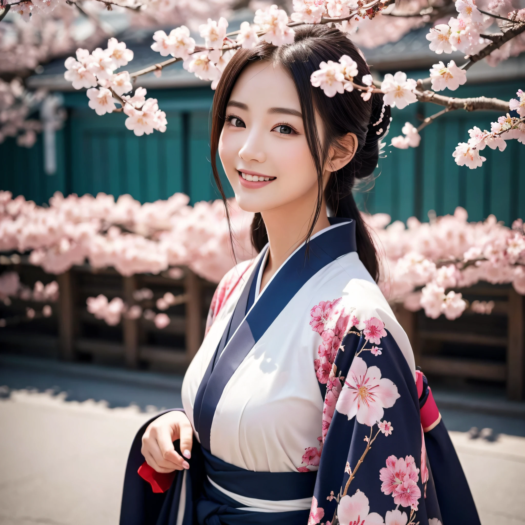 (Super beautiful woman in kimono)、((best qualtiy、8k masterpieces:1.3))、foco nítido:1.2、(ultra beautiful faces:1.0)、(shinny skin:1.0)、photos realistic、A dark-haired、Video Lighting、High-definition eyes and face、Video Lighting、Japanese actressl、from the front side、medium breasts、With a happy smile、Slender Abs Beauty、Whole body、wearing kimonos、cherry blossom in full bloom