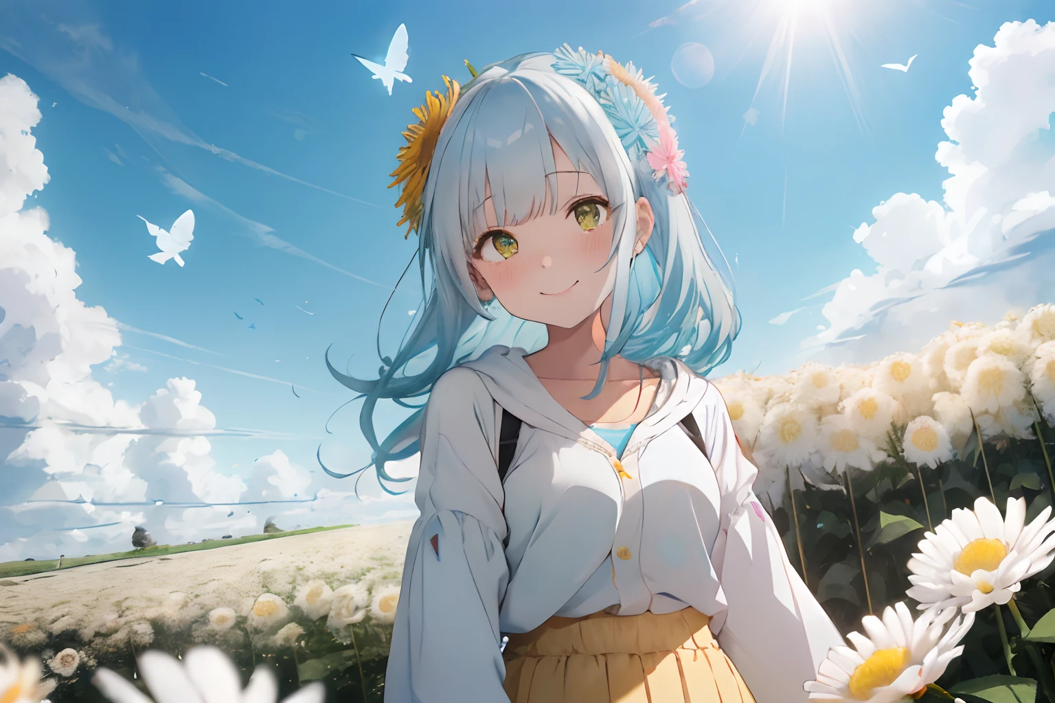 Fluffy light blue hair,Bangs center parting,pale yellow-green eyes,Pink and white and yellow and orange,Long-sleeved clothing with slightly longer sleeves,Larger hoodie,wearing skirt,Full of chrysanthemum flowers,You can see the windmill beyond the vast flower field,Leaning to the right,Smiling with a bouquet of chrysanthemums,full of sunlight,There are some white clouds floating in the blue sky,butterflys,a bird,a squirrel,bunny rabbit,red tide