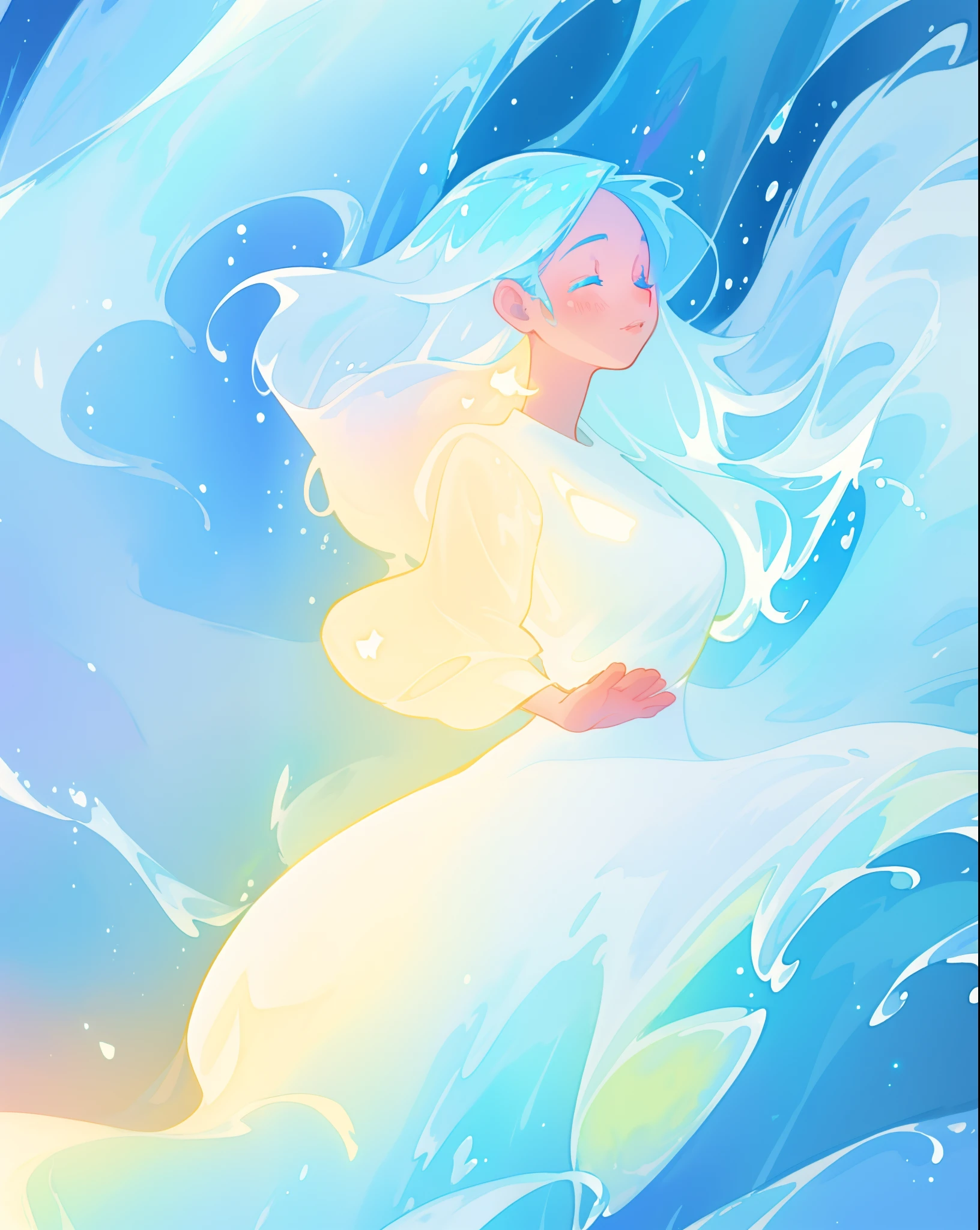 beautiful girl, glowing white and blue gradient ballgown, sparkling swirling water background, liquid streams of light surrounding her, long flowing hair, beautiful girl with glowing skin, glowing water background, watercolor illustration, disney art style, glowing aura around her, flowing glowing hair, glowing flowing hair, fantasia otherworldly landscape, beautiful, masterpiece, best quality