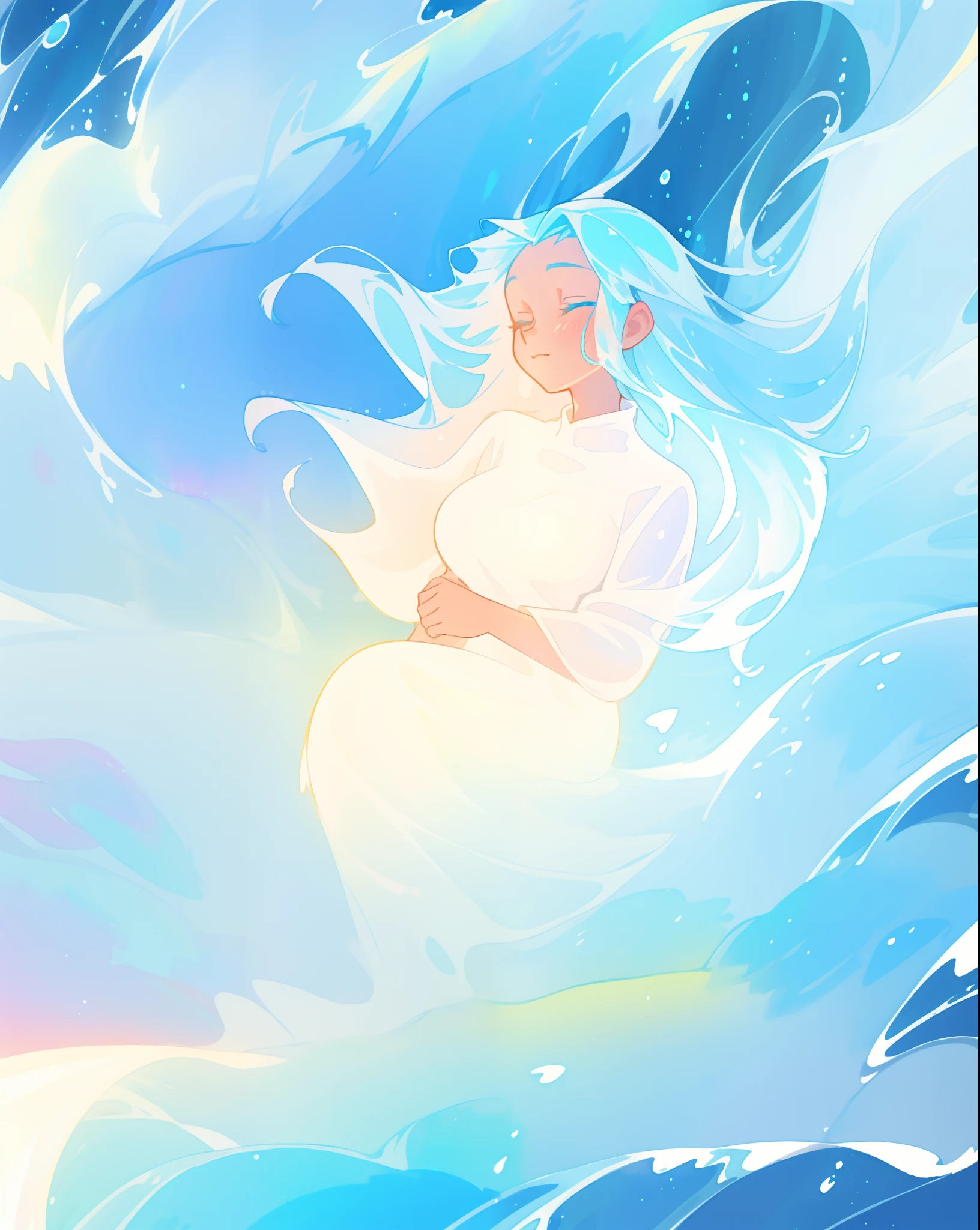 beautiful girl, glowing white and blue gradient ballgown, sparkling swirling water background, liquid streams of light surrounding her, long flowing hair, beautiful girl with glowing skin, glowing water background, watercolor illustration, disney art style, glowing aura around her, flowing glowing hair, glowing flowing hair, fantasia otherworldly landscape, beautiful, masterpiece, best quality