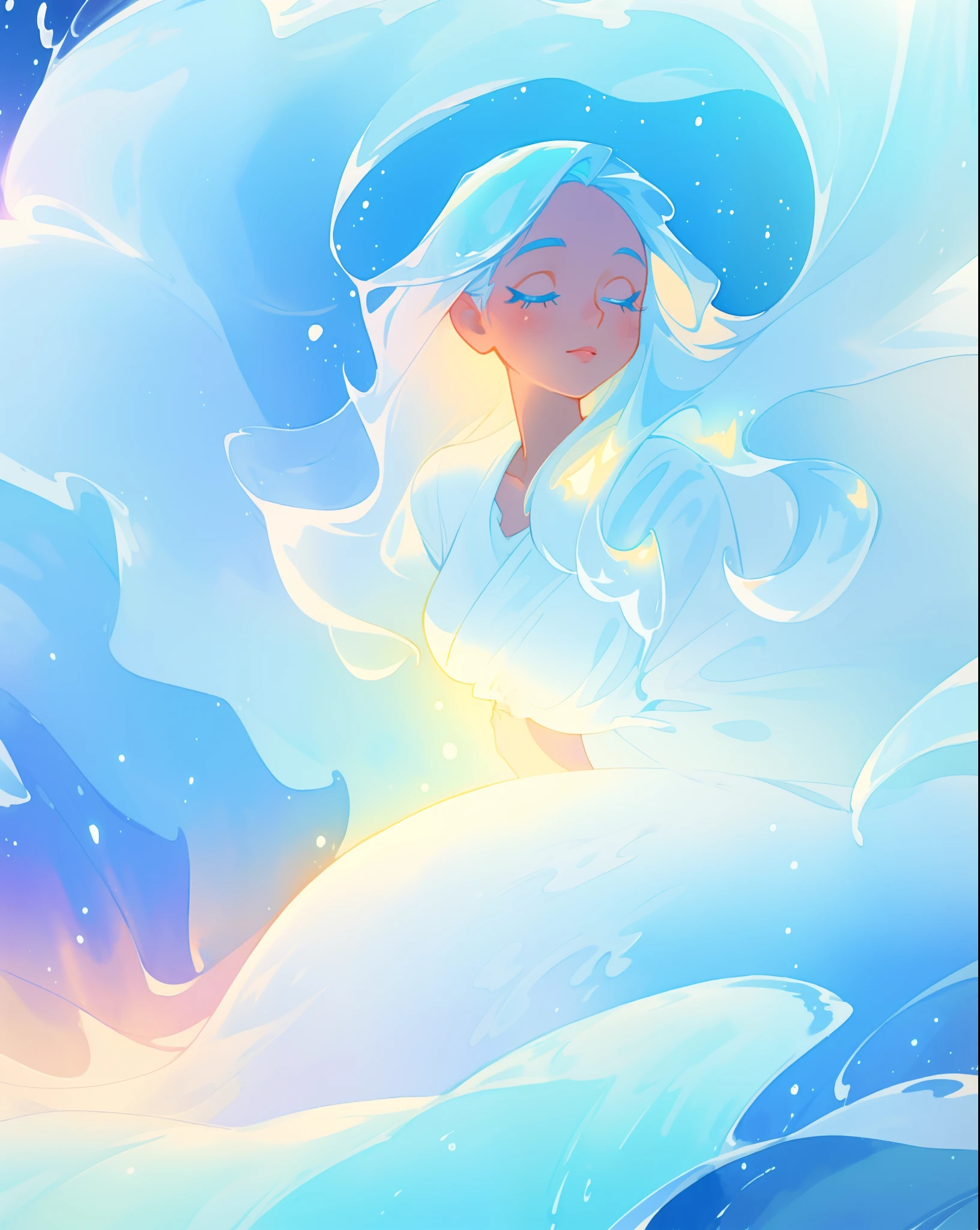beautiful girl, glowing white and blue gradient ballgown, sparkling swirling water background, liquid streams of light surrounding her, long flowing hair, beautiful girl with glowing skin, glowing water background, watercolor illustration, disney art style, glowing aura around her, flowing glowing hair, glowing flowing hair, fantasia otherworldly landscape, beautiful, masterpiece, best quality