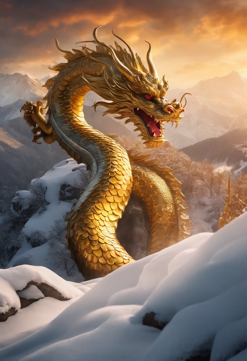 Huge terrible stuff,On the snow
mountain,noble landscape, China's domineering dragon, shenron, secret, Brilliant, Strong, to contrast, Cinematic color, Cinema lenses,A Chinese Golden Dragon,4K,