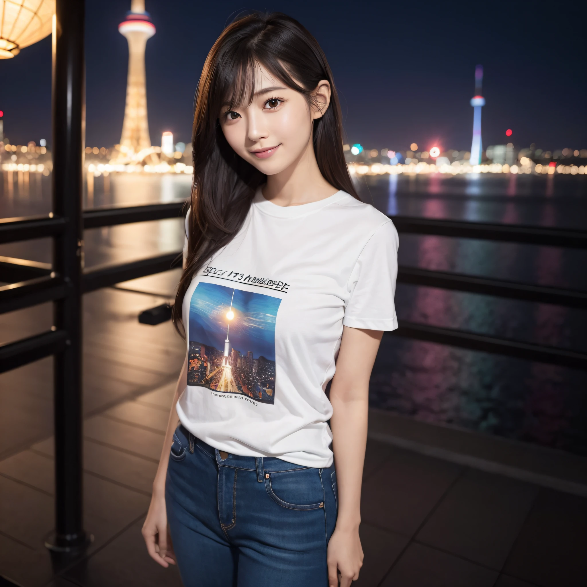 One lady、((best qualtiy、8k masterpieces:1.3))、foco nítido:1.2、(ultra beautiful faces:1.0)、(shinny skin:1.0)、photos realistic、A dark-haired、Video Lighting、High-definition eyes and face、Video Lighting、Japanese cute actress)、from the front side、medium breasts、Smile、Slender Abs Beauty、Whole body、wearing t-shirts、At the Sky Tree at Night