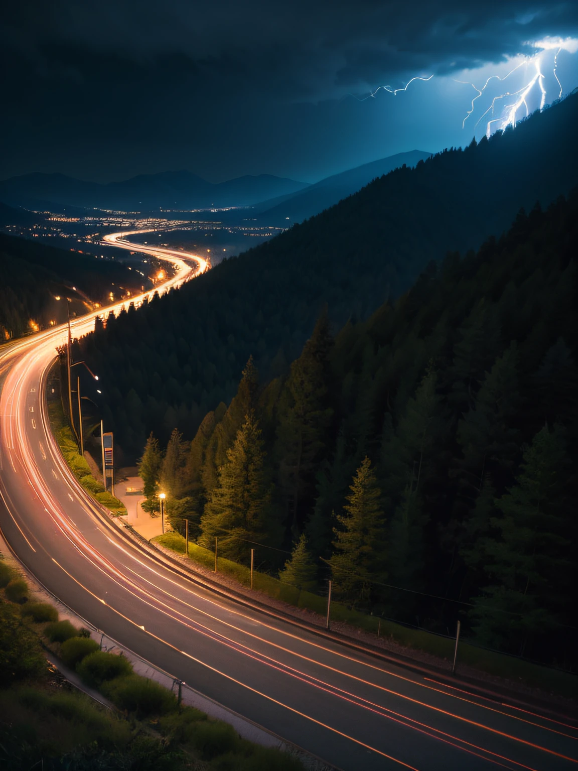 Rainy night, (light trail photography:1.3), (car taillights), many tail light lines, (tail light line art), 2 lightning strikes, winding mountain road:1.3, A large amount of rainwater on the road surface, camera in manual mode, ND16 filter, F/8, ISO100, 150 seconds long exposure, Photographed from above, breathtakingly beautiful lights, complex, (Masterpiece), (Best Quality), (Ultra high Detailes), (Photorealistic:1.3)
