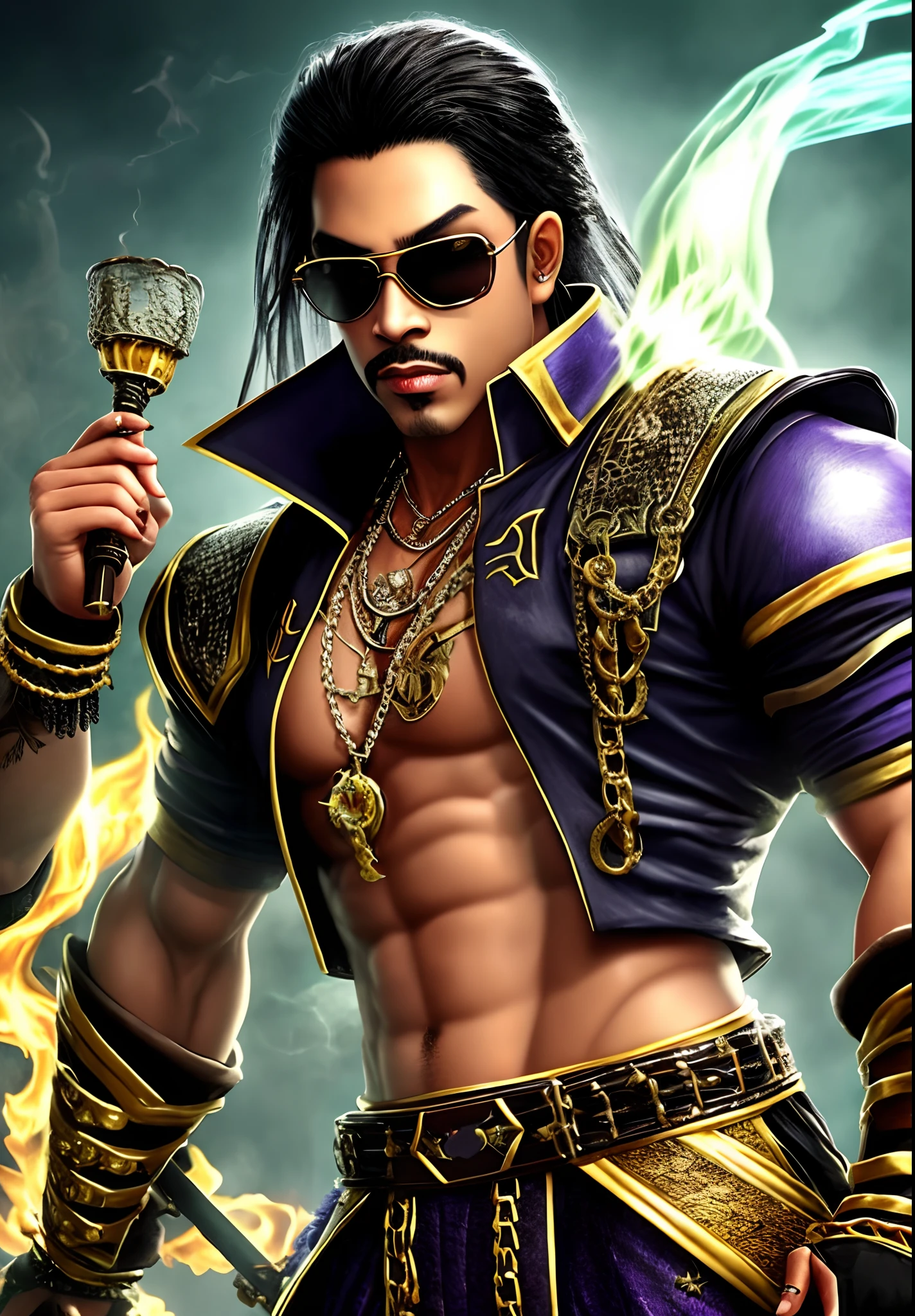 Prince rain from mortal combat with a grill and shades and chains smoking