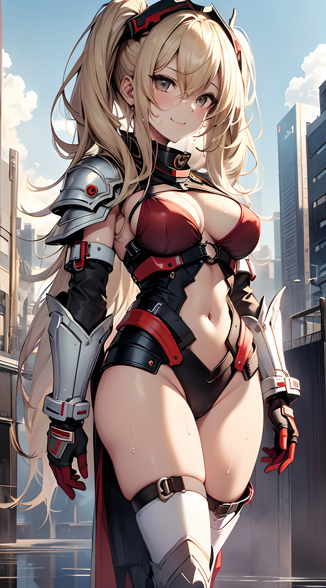 top-quality、supreme１People Girls,hightquality,A detailed face、A detailed eye、Detailed nose、Detailed mouth、 Beautiful expression, ((masuter piece)), ((High resolution)), ((Best Quality)), detail, (NSFW:1.4 ,cum faced、Excited face.Very happy,), ((Skin shiny with sweat)), (Red Bikini Armor:1.2、long boots)、 girl with, a blond, (Half Twin Tail)、Standing figure、fair white skin:1.3、、Smaller chest, cinmatic lighting, perfectly shaded,(((oasis))), Realistic lighting with shades,Reflecting the whole body