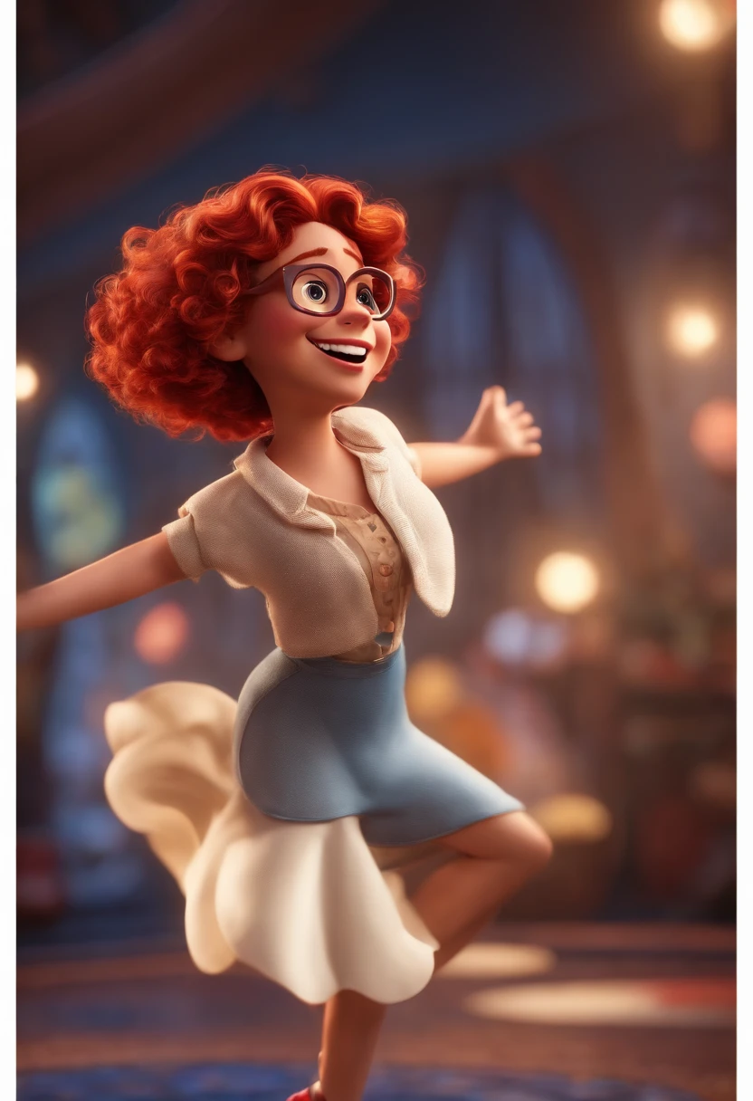 Pixar style image with 3D character white glasses red-haired woman short curly hair dancing, Maquiagem Disney,Pescador, bonitinho, sorridente ,Close-up, Pixar, Disney, Cinema lighting,